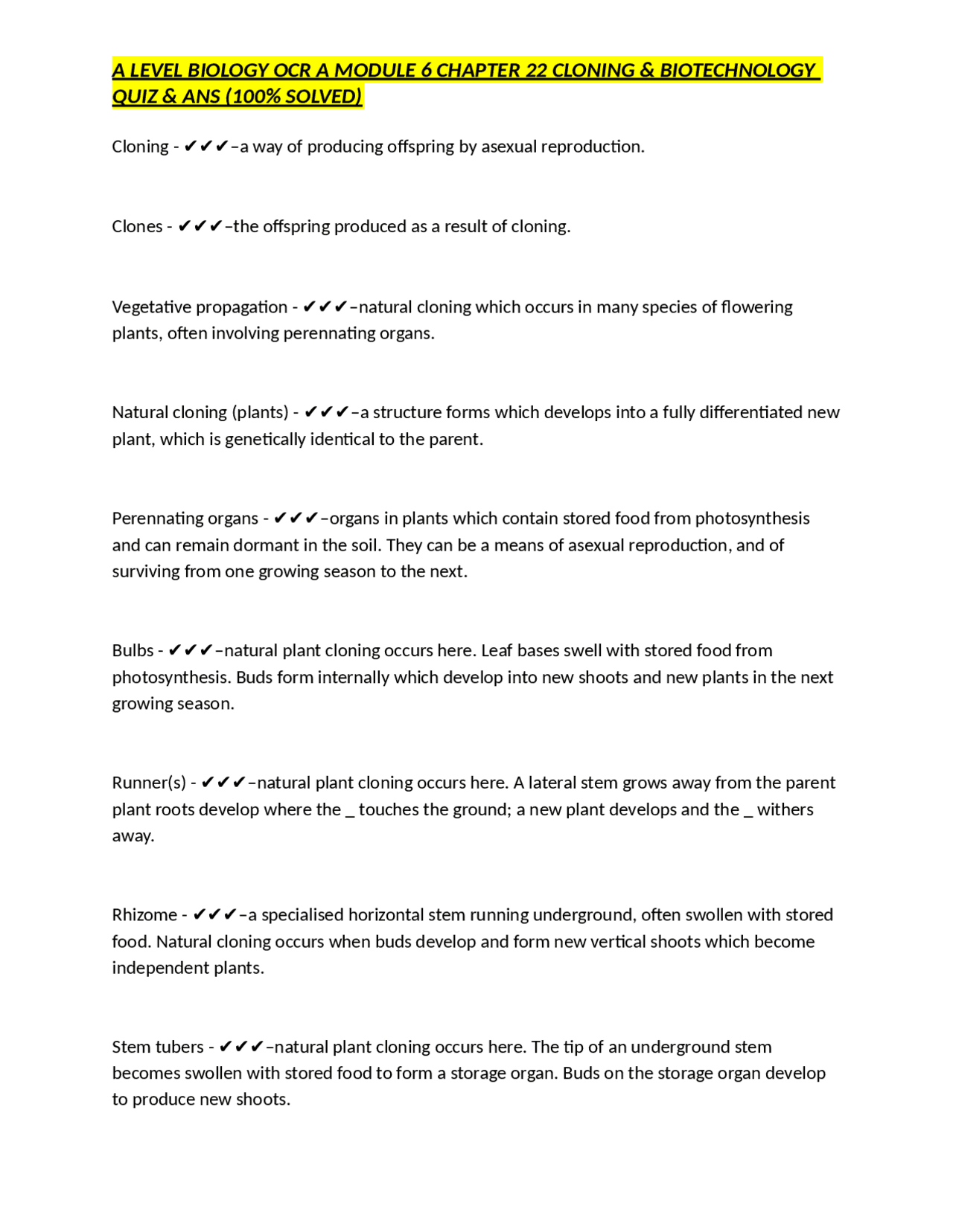 A Level Biology OCR A Module 6 Chapter 22 Cloning & Biotechnology Quiz ...