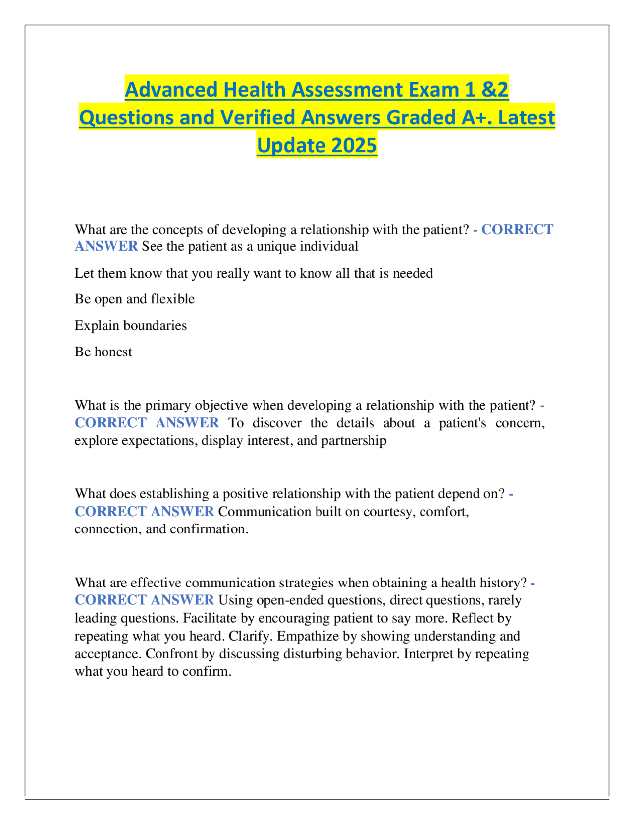 Advanced Health Assessment Exams 1 & 2 Questions and Verified Answers ...