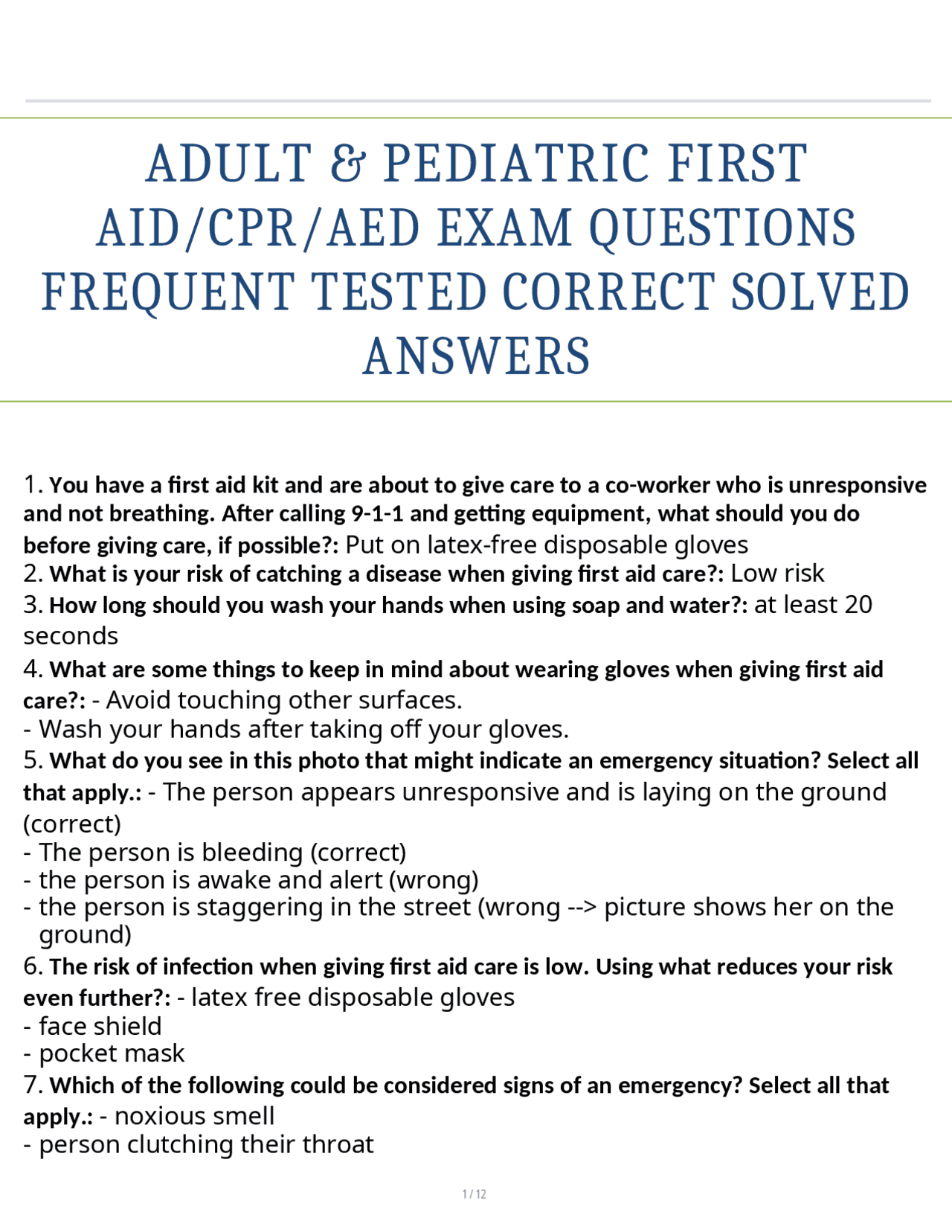 ADULT & PEDIATRIC FIRST AID/CPR/AED EXAM QUESTIONS FREQUENT TESTED ...