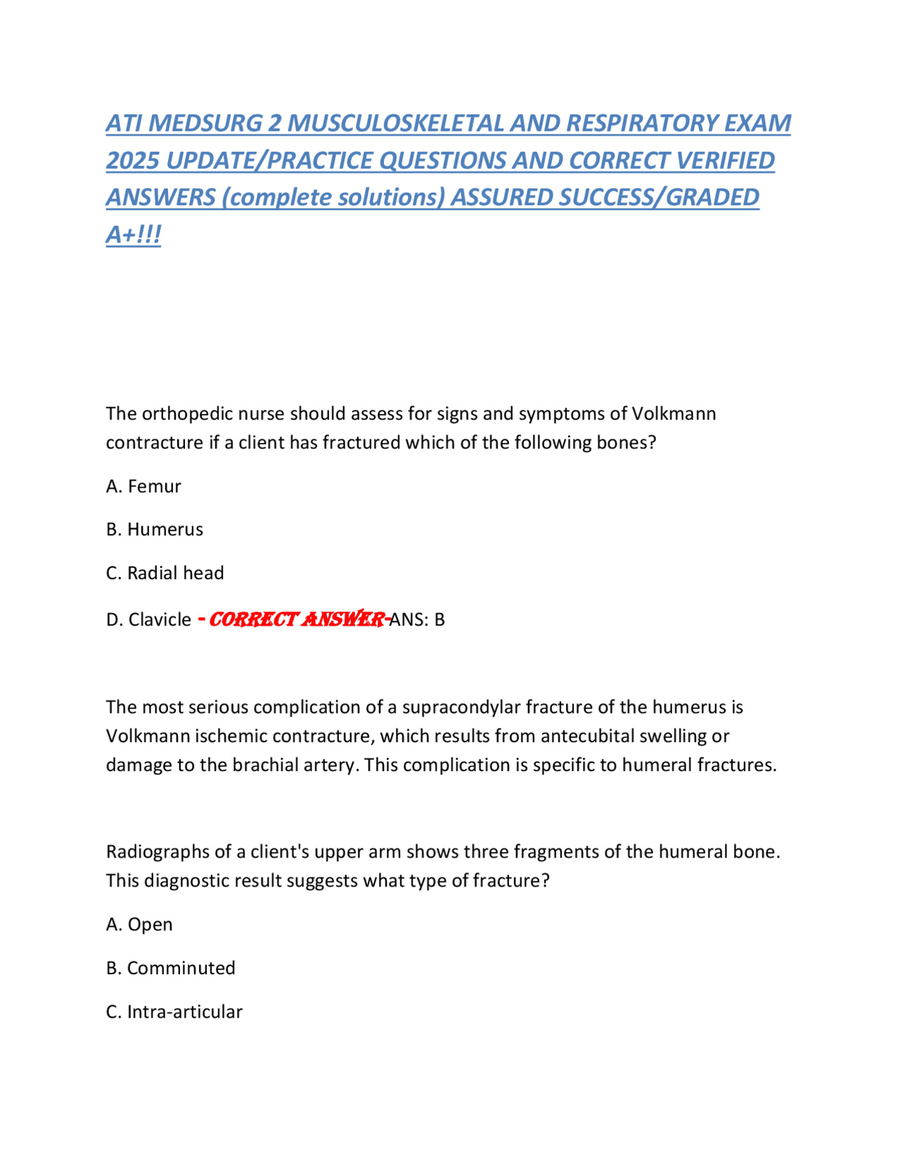 ATI MEDSURG 2 MUSCULOSKELETAL AND RESPIRATORY EXAM 2025 UPDATE/PRACTICE ...