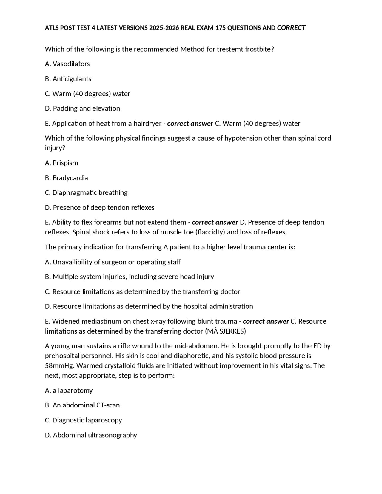 ATLS POST TEST 4 LATEST VERSIONS 2025-2026 REAL EXAM 175 QUESTIONS AND ...