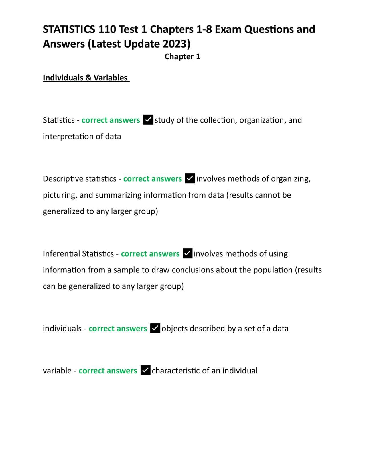 STATISTICS 110 Test 1 Chapters 1-8 Exam Questions and Answers | Exams ...
