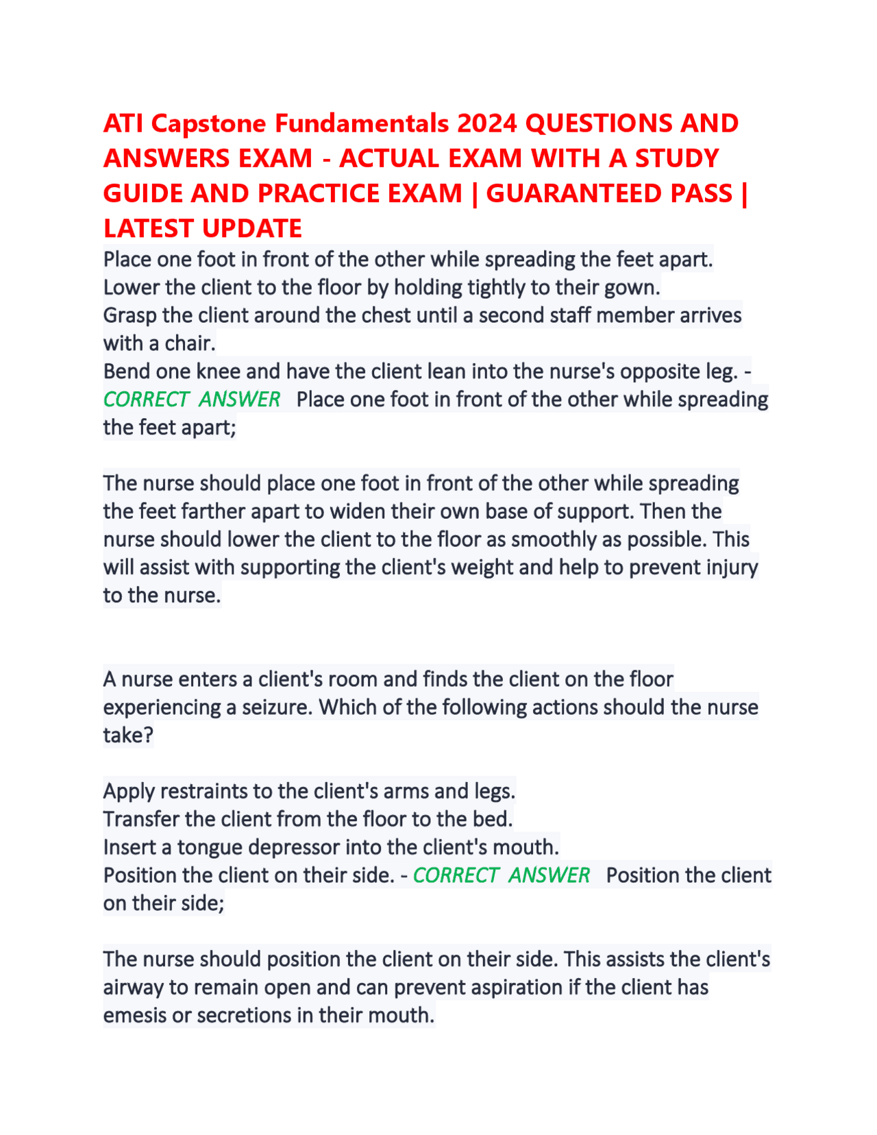 ATI Capstone Fundamentals 2024 Practice Questions and Answers for