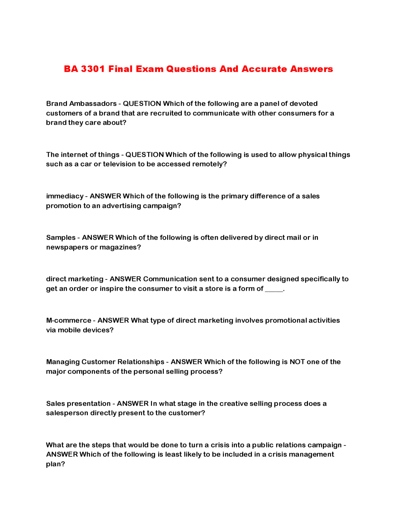 BA 3301 Final Exam Questions And Accurate Answers | Exams Advanced ...