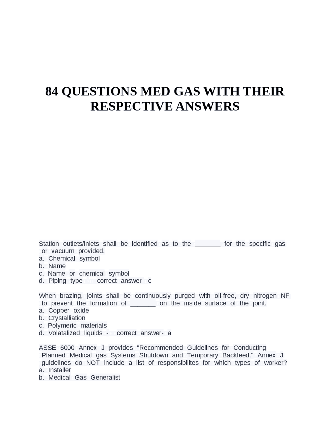 84 QUESTIONS MED GAS WITH THEIR RESPECTIVE ANSWERS | Exams Advanced ...