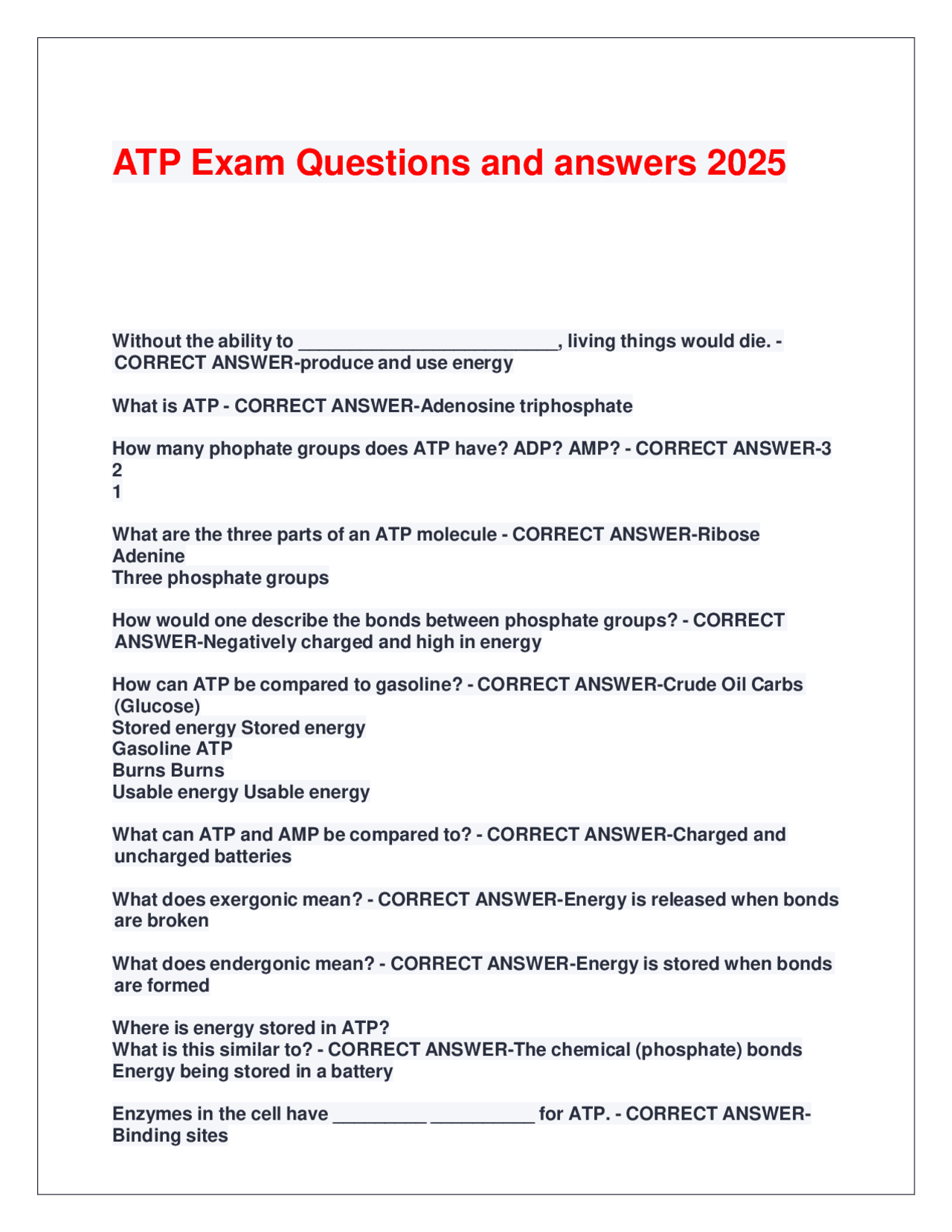 ATP Exam Questions and answers 2025.pdf | Exams Molecular biology | Docsity