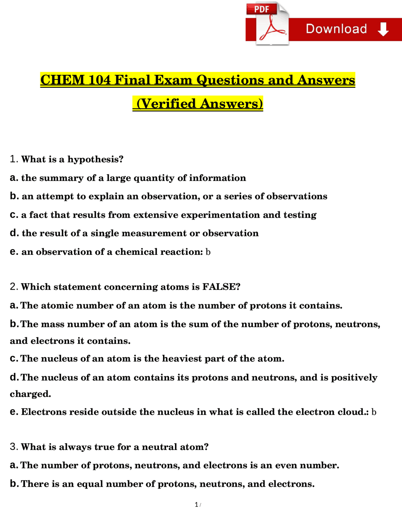 CHEM 104 Final Exam Practice Questions and Answers A+ Verified | Exams ...