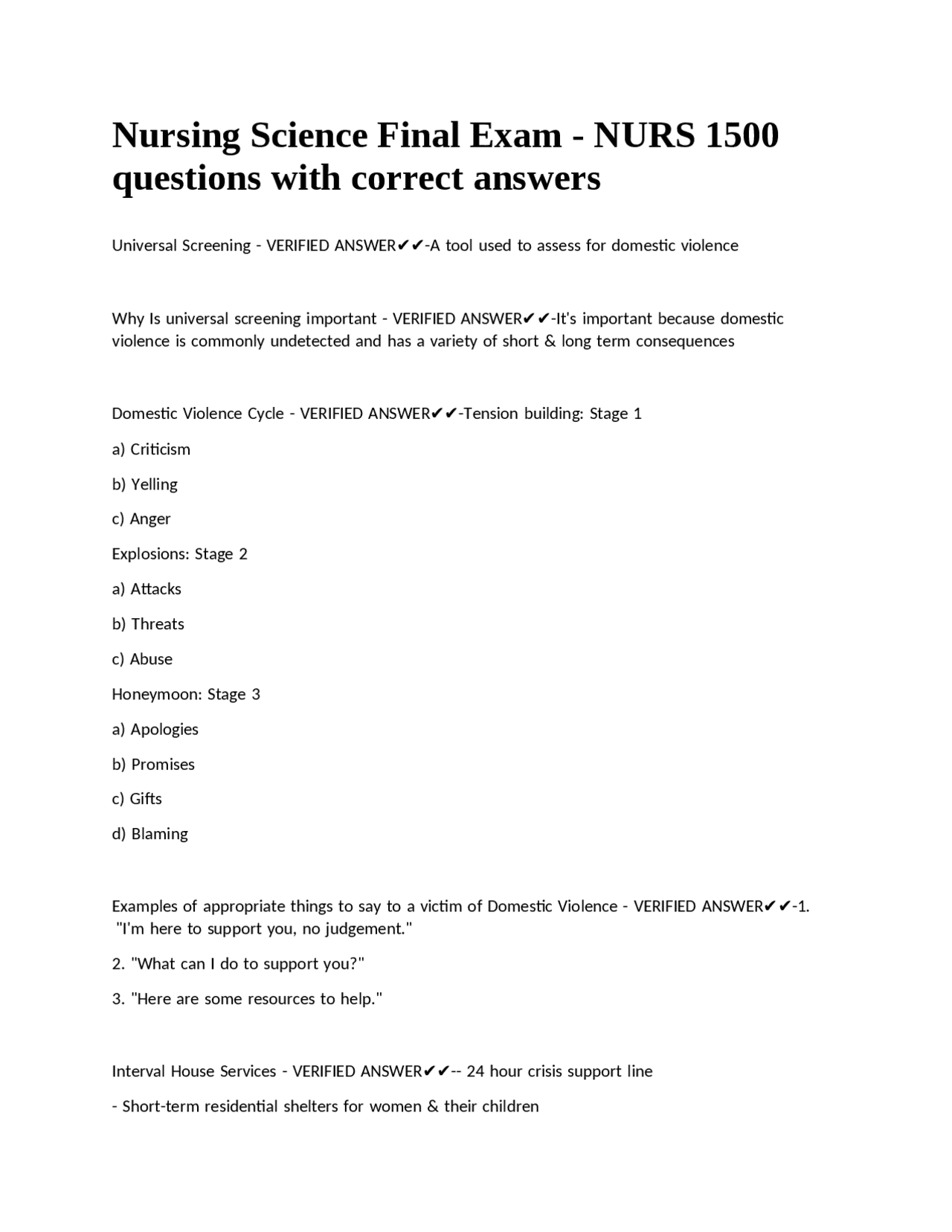 Nursing Science Final Exam - NURS 1500 questions with correct answers ...