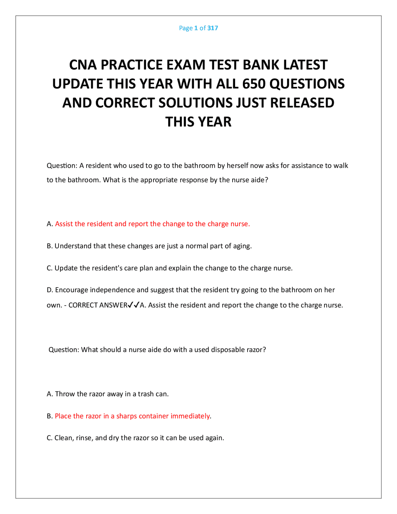 CNA PRACTICE EXAM TEST BANK LATEST UPDATE THIS YEAR WITH ALL 650 ...