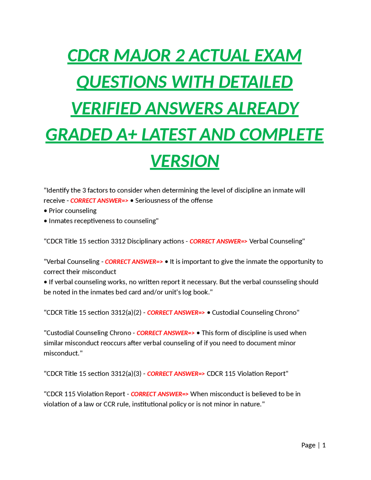 CDCR MAJOR 2 ACTUAL EXAM QUESTIONS WITH DETAILED VERIFIED ANSWERS ...