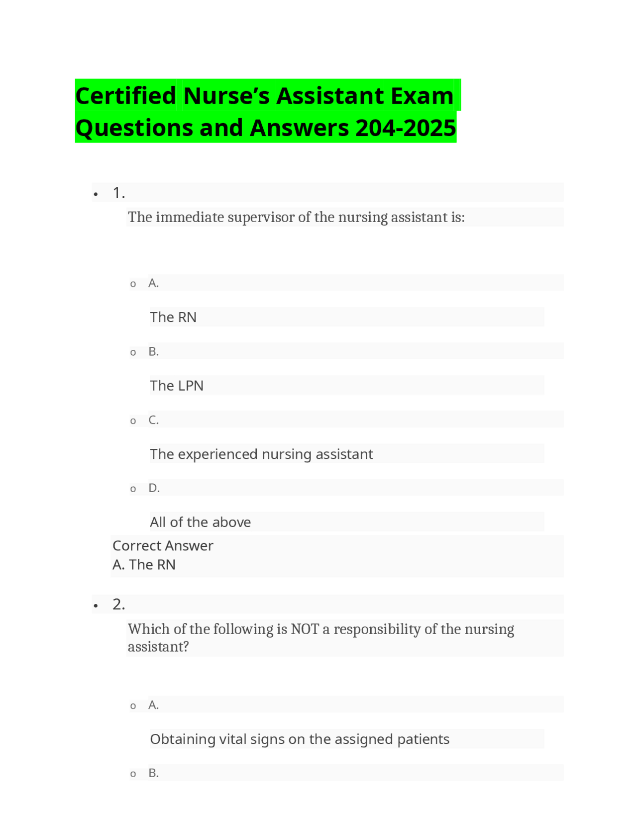 Certified Nurse’s Assistant Exam Questions and Answers 204-2025 | Exams Nursing | Docsity