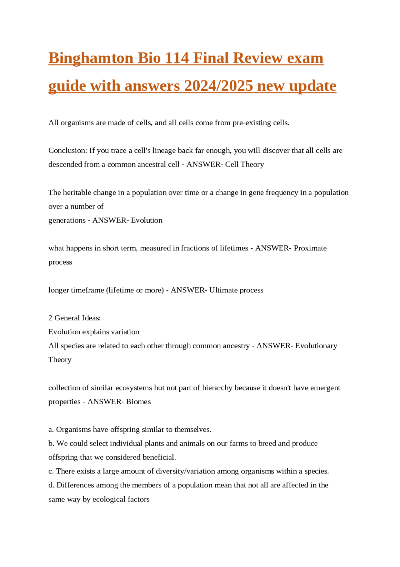 Binghamton Bio 114 Final Review exam guide with answers 2024/2025 new ...
