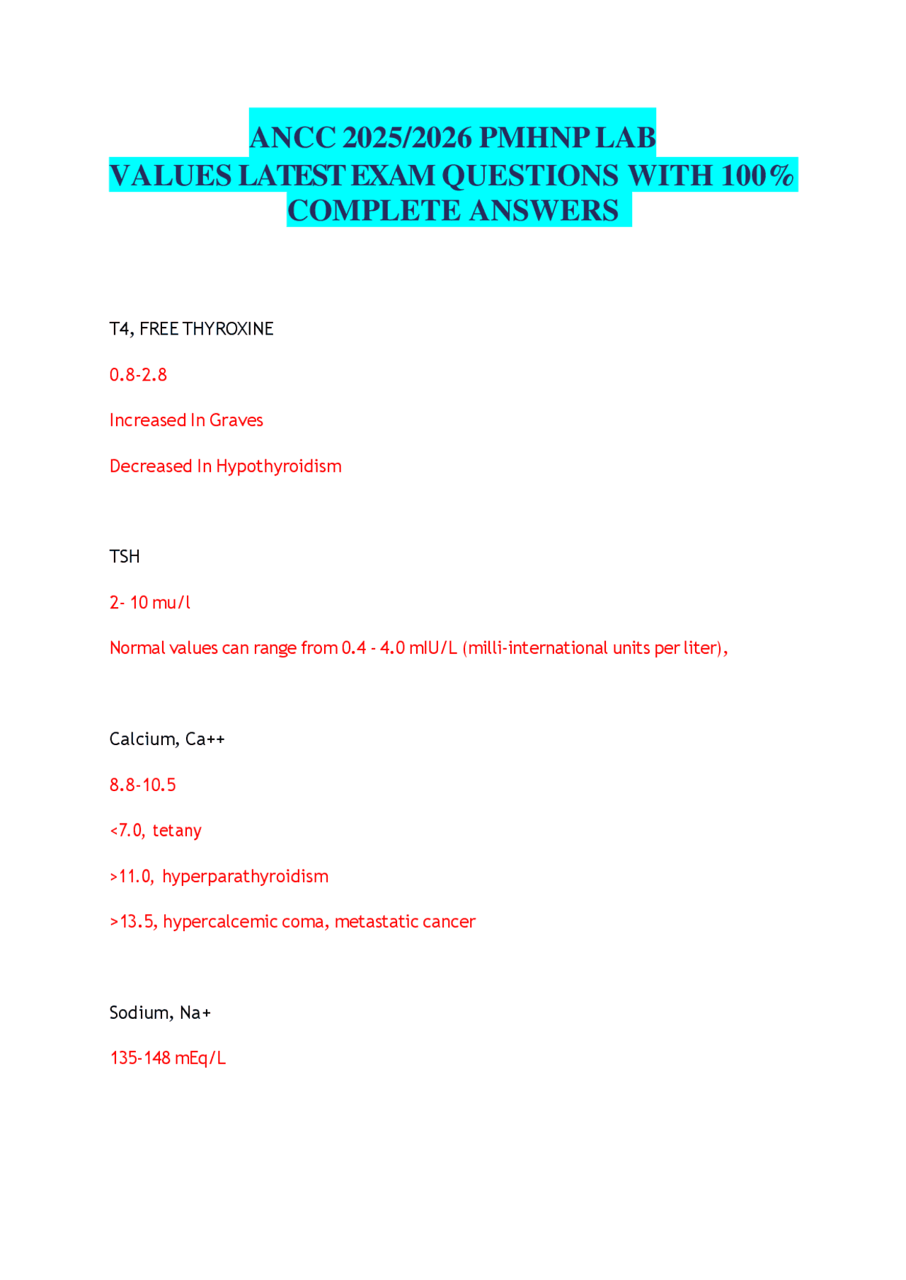 ANCC 2025/2026 PMHNP LAB VALUES LATEST EXAM QUESTIONS WITH 100% ...