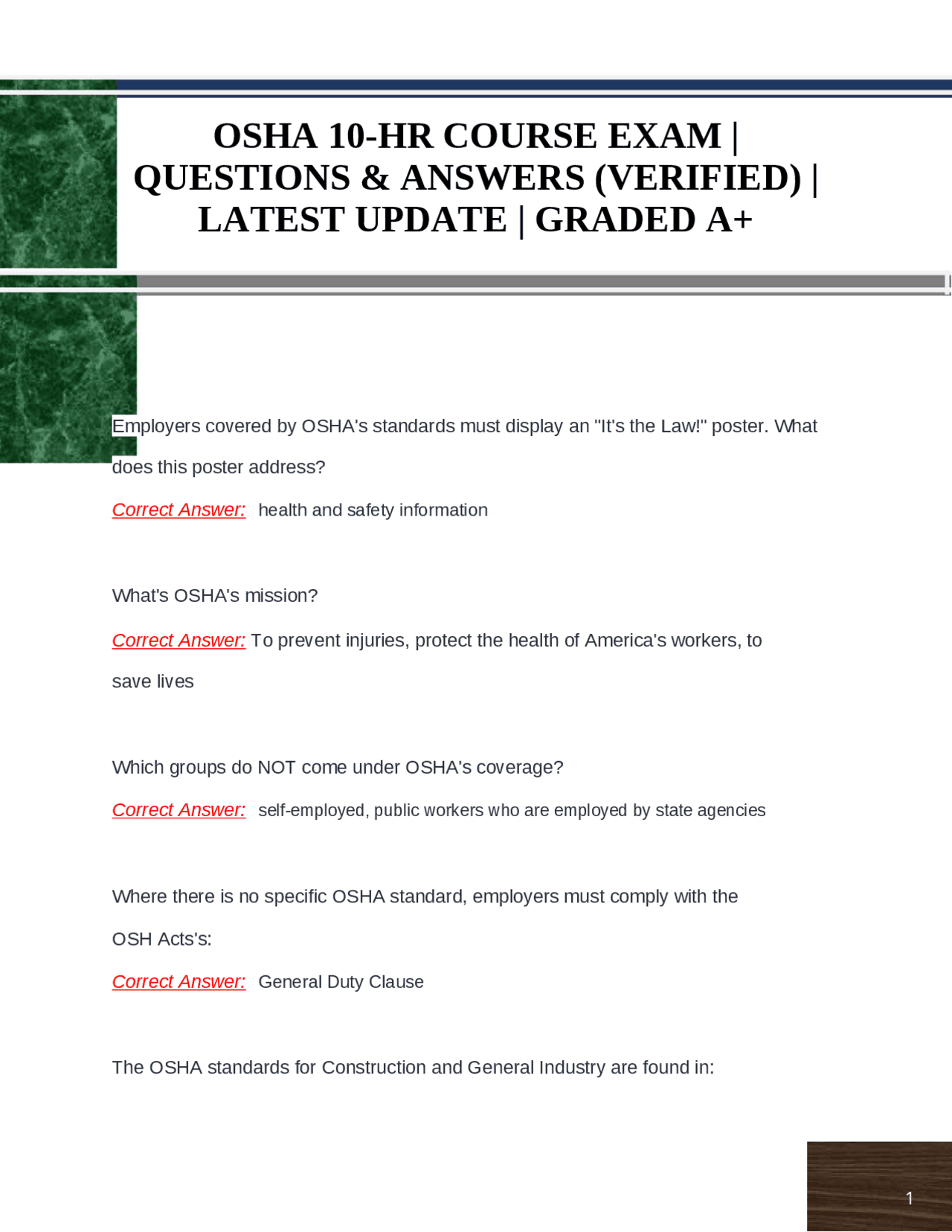 OSHA 10-HR COURSE EXAM QUESTIONS &amp; ANSWERS (VERIFIED) LATEST UPDATE GRADED A+ | Exams Nursing ...