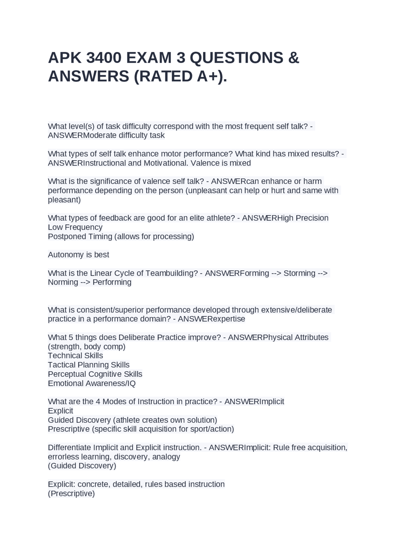 APK 3400 EXAM 3 QUESTIONS ANSWERS (RATED A ) Exams Biology Docsity