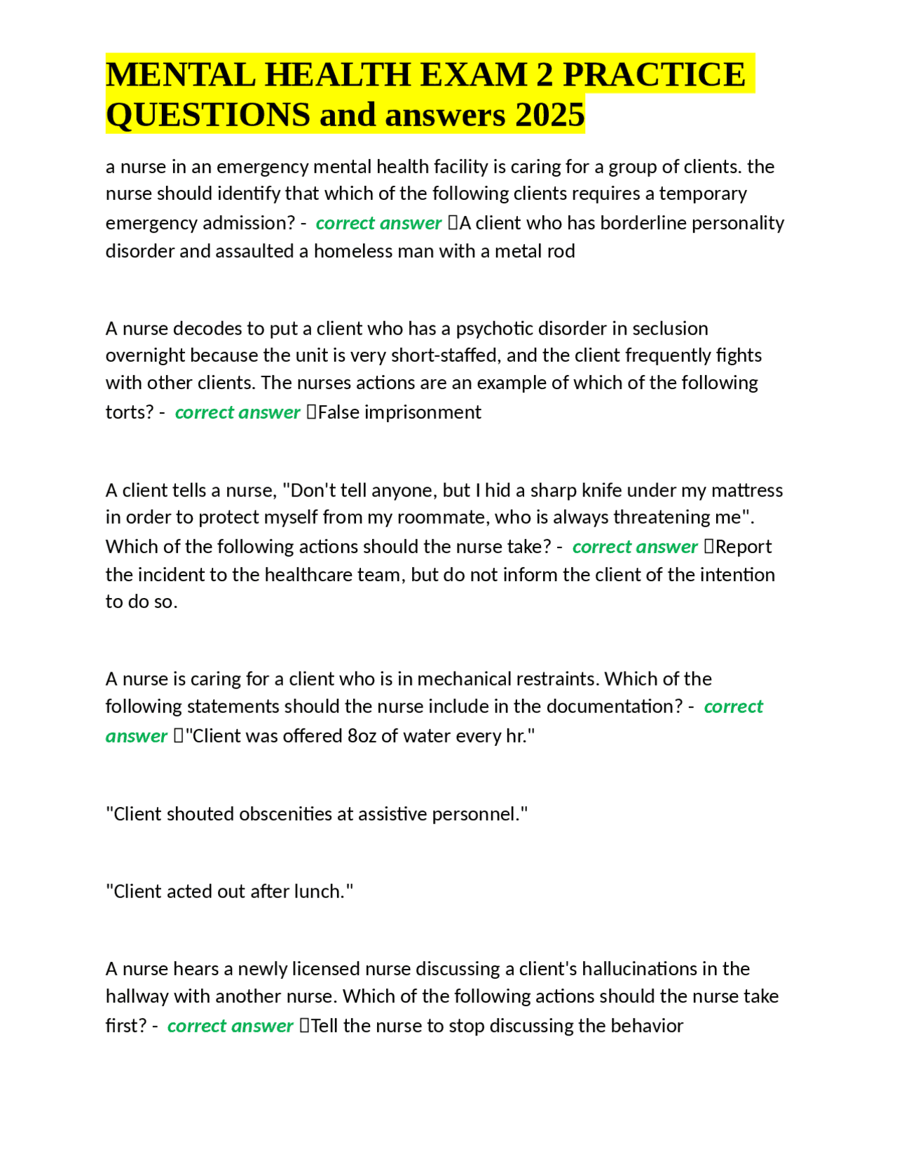 MENTAL HEALTH EXAM 2 PRACTICE QUESTIONS and answers 2025. | Exams ...