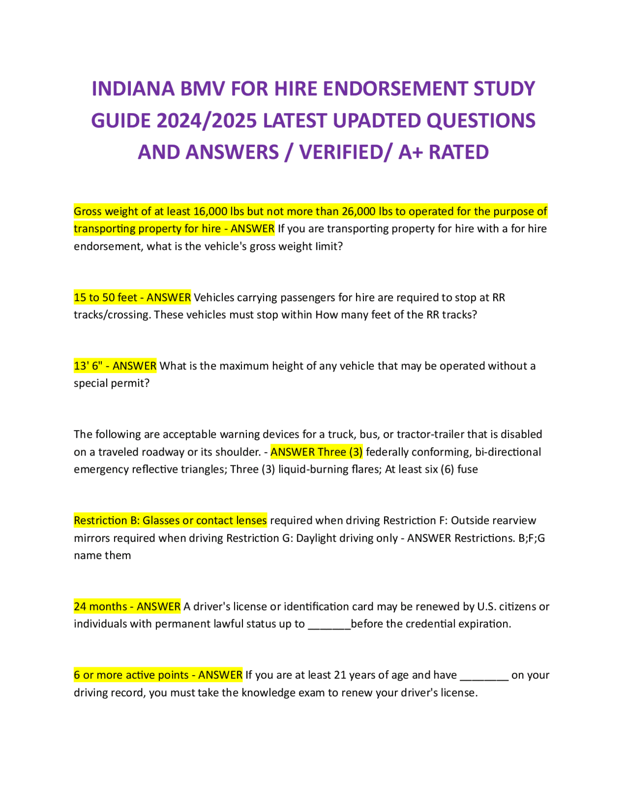 INDIANA BMV FOR HIRE ENDORSEMENT STUDY GUIDE 2024/2025 LATEST UPADTED ...