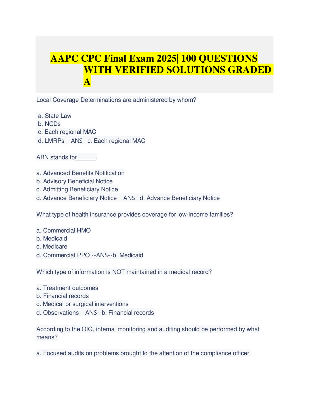 AAPC CPC Final Exam 2025: 100 Questions with Verified Solutions Graded ...