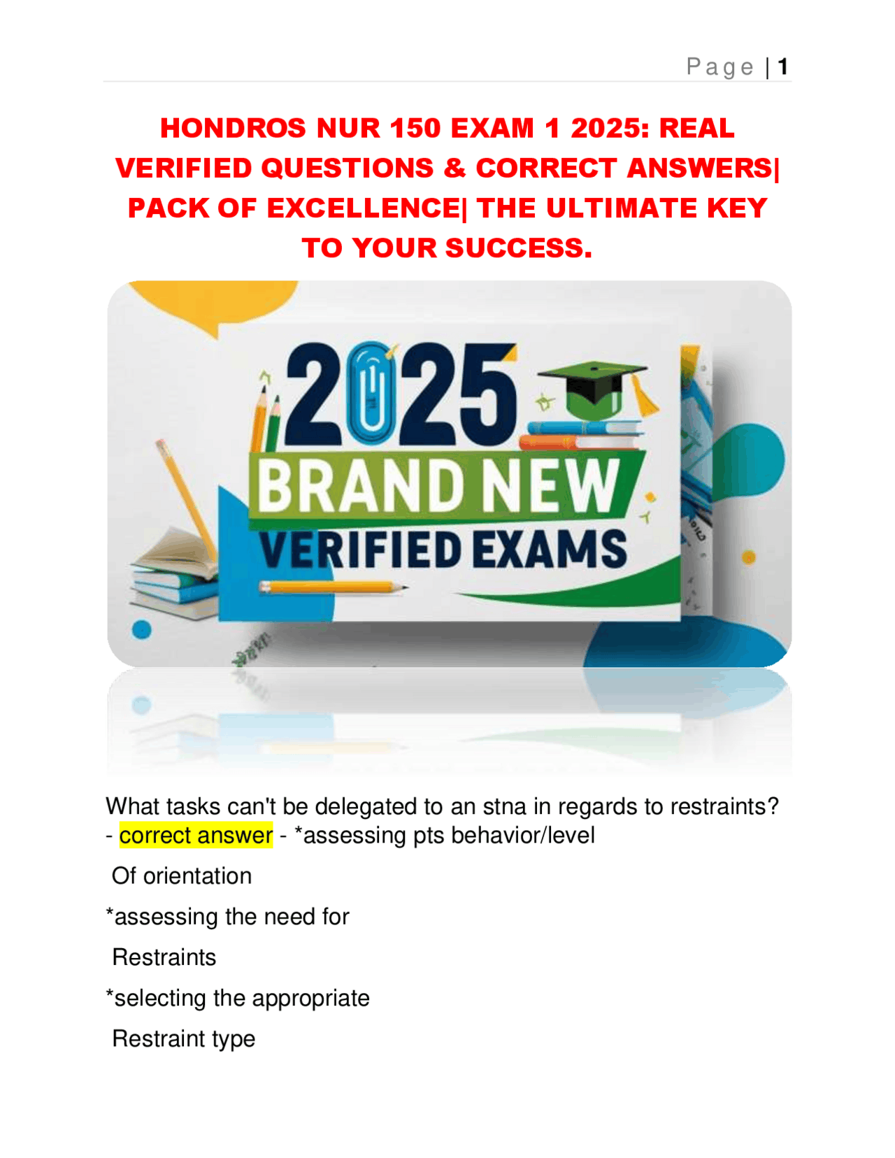 HONDROS NUR 150 EXAM 1 2025: REAL VERIFIED QUESTIONS & CORRECT ANSWERS ...
