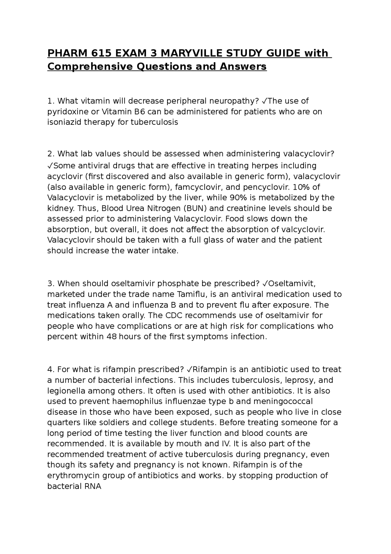 PHARM 615 EXAM 3 MARYVILLE STUDY GUIDE with Comprehensive Questions and ...