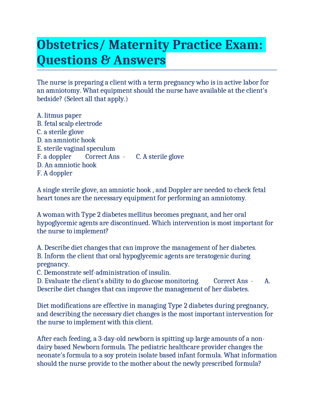Obstetrics/ Maternity Practice Exam: Questions & Answers | Exams ...
