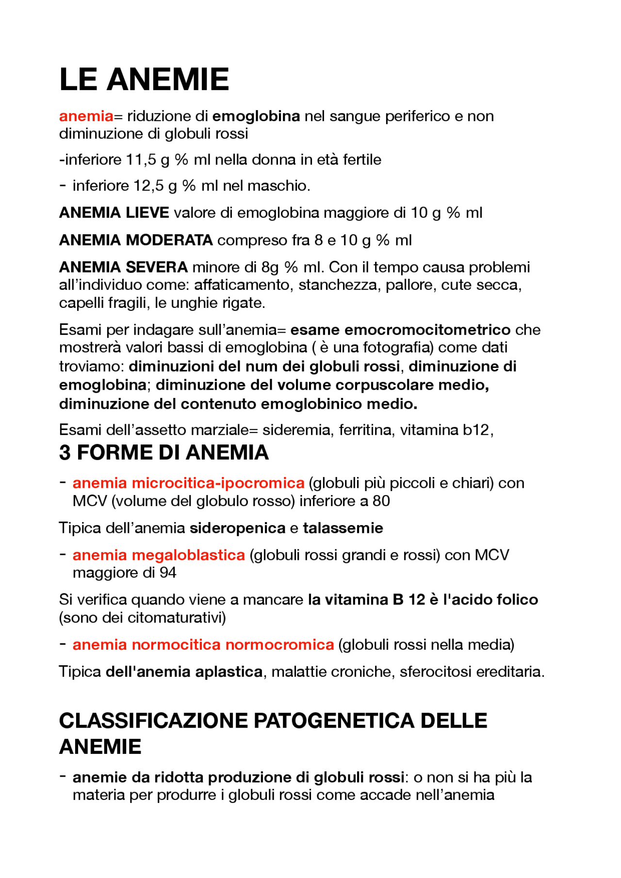 le anemie: cause e rimedi | Study notes Biology | Docsity