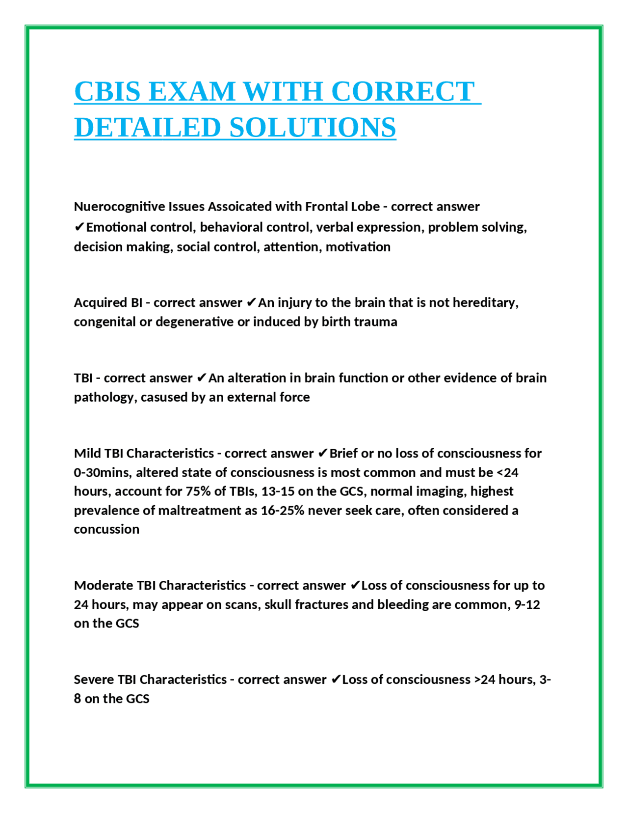 CBIS EXAM WITH CORRECT DETAILED SOLUTIONS | Exams Nursing | Docsity