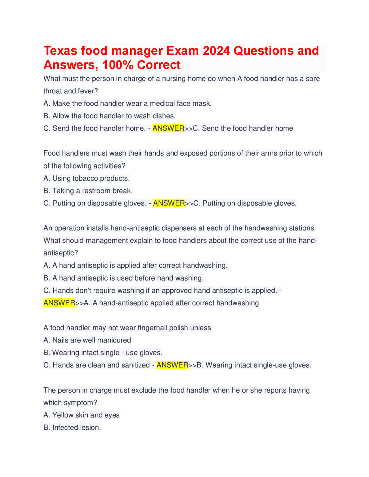 Texas food manager Exam 2024 Questions and Answers, 100% Correct ...