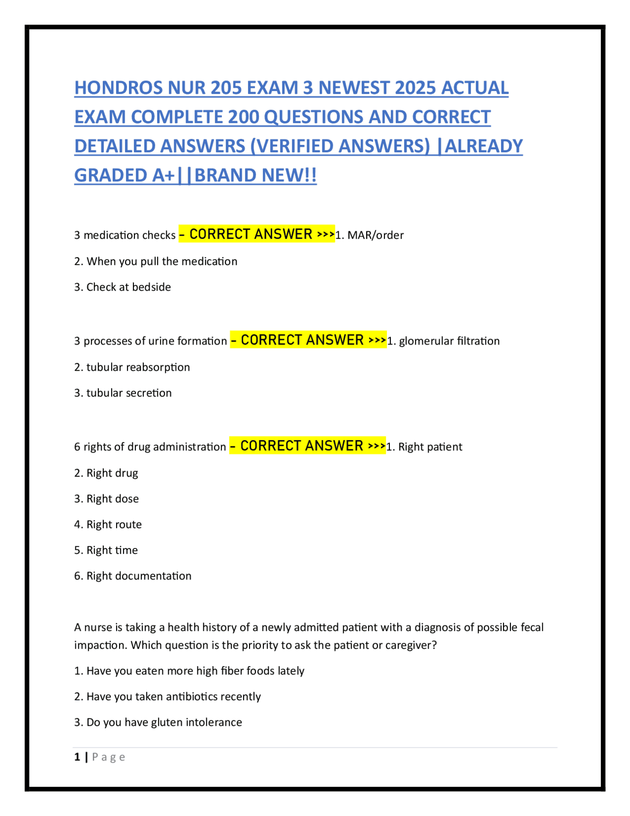 HONDROS NUR 205 EXAM 3 NEWEST 2025 ACTUAL EXAM COMPLETE 200 QUESTIONS ...