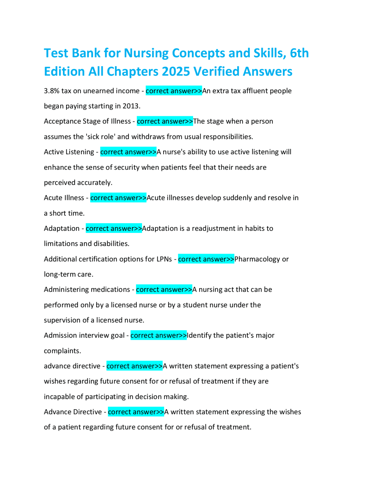 Test Bank for Nursing Concepts and Skills, 6th Edition: Questions and ...