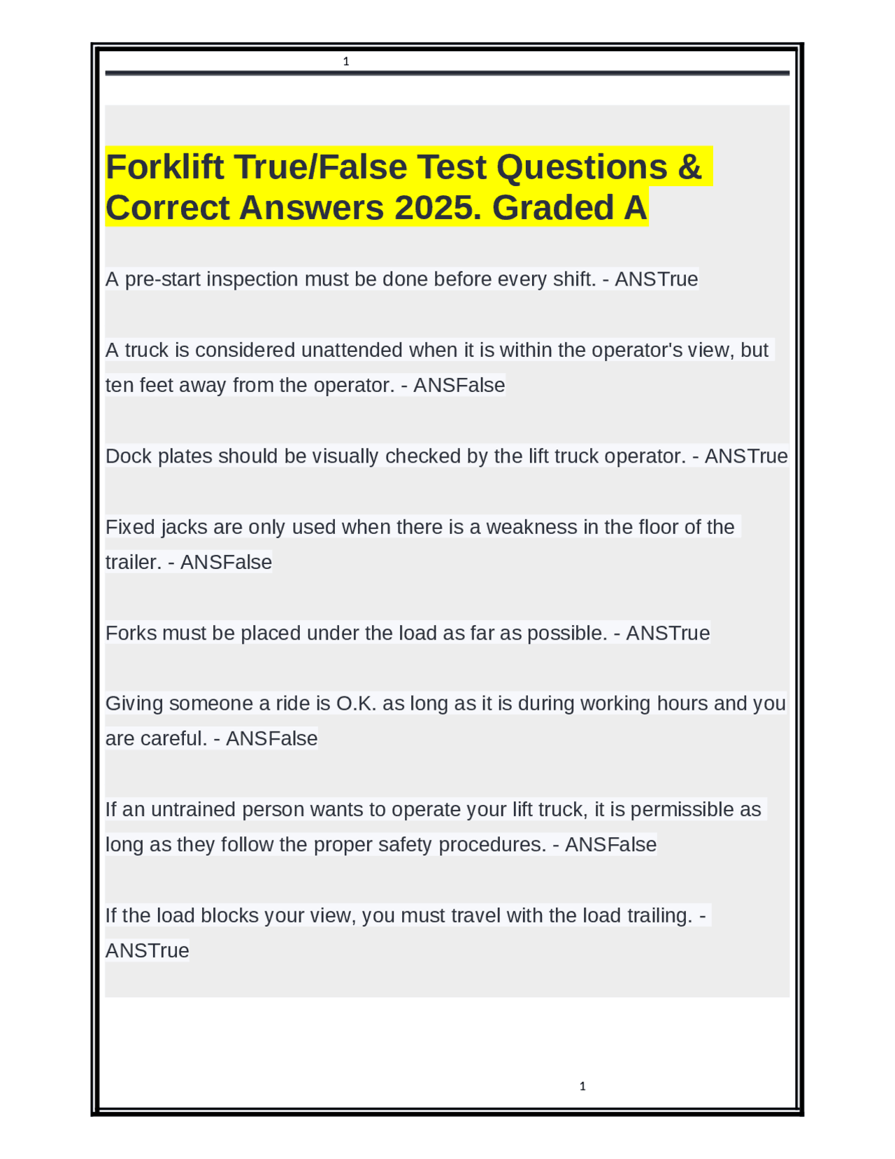 Forklift Safety True/False Test Questions and Answers | Exams Automobile Engineering | Docsity
