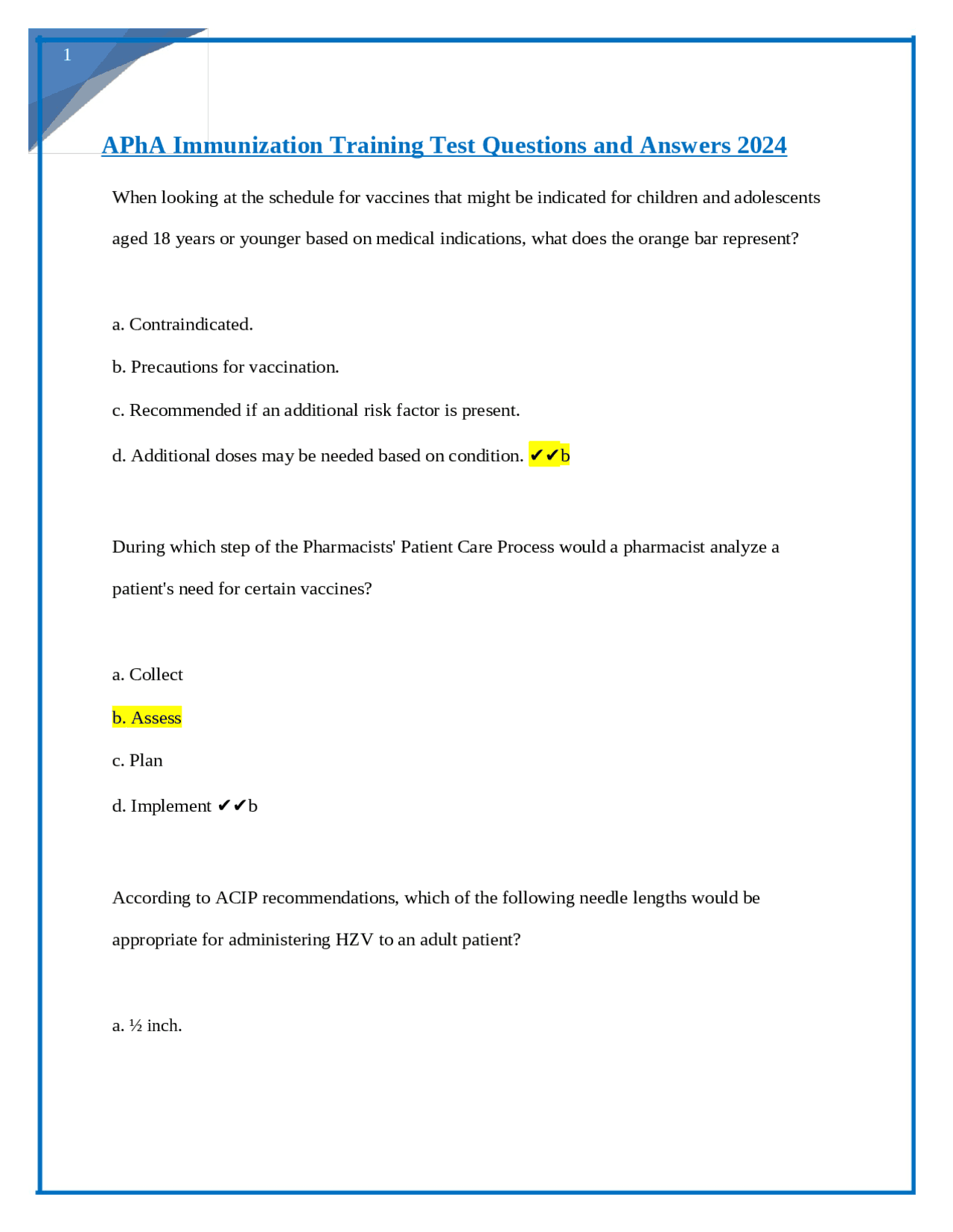APhA Immunization Training Test Questions and Answers 2024 | Exams ...