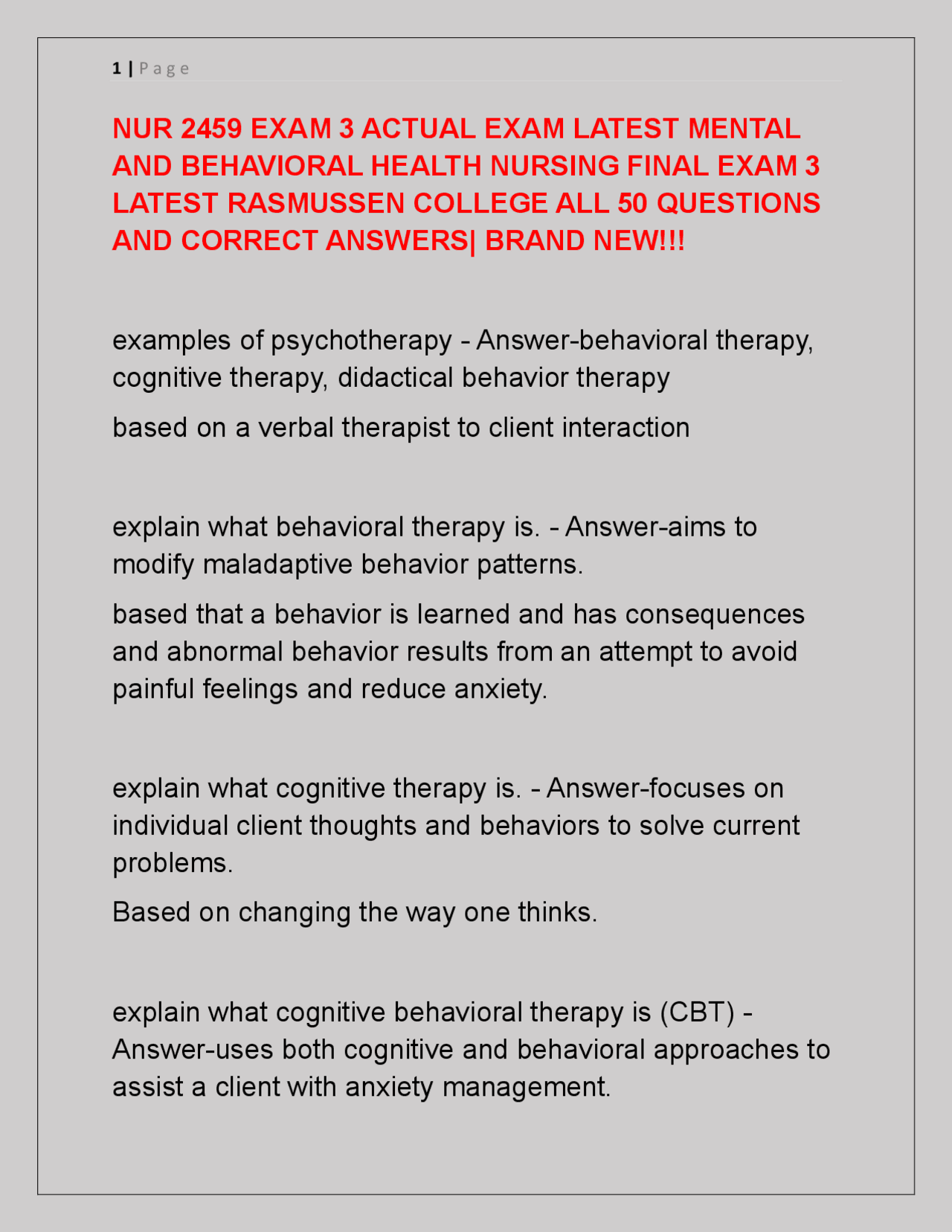 NUR 2459 EXAM 3 ACTUAL EXAM LATEST MENTAL AND BEHAVIORAL HEALTH NURSING ...