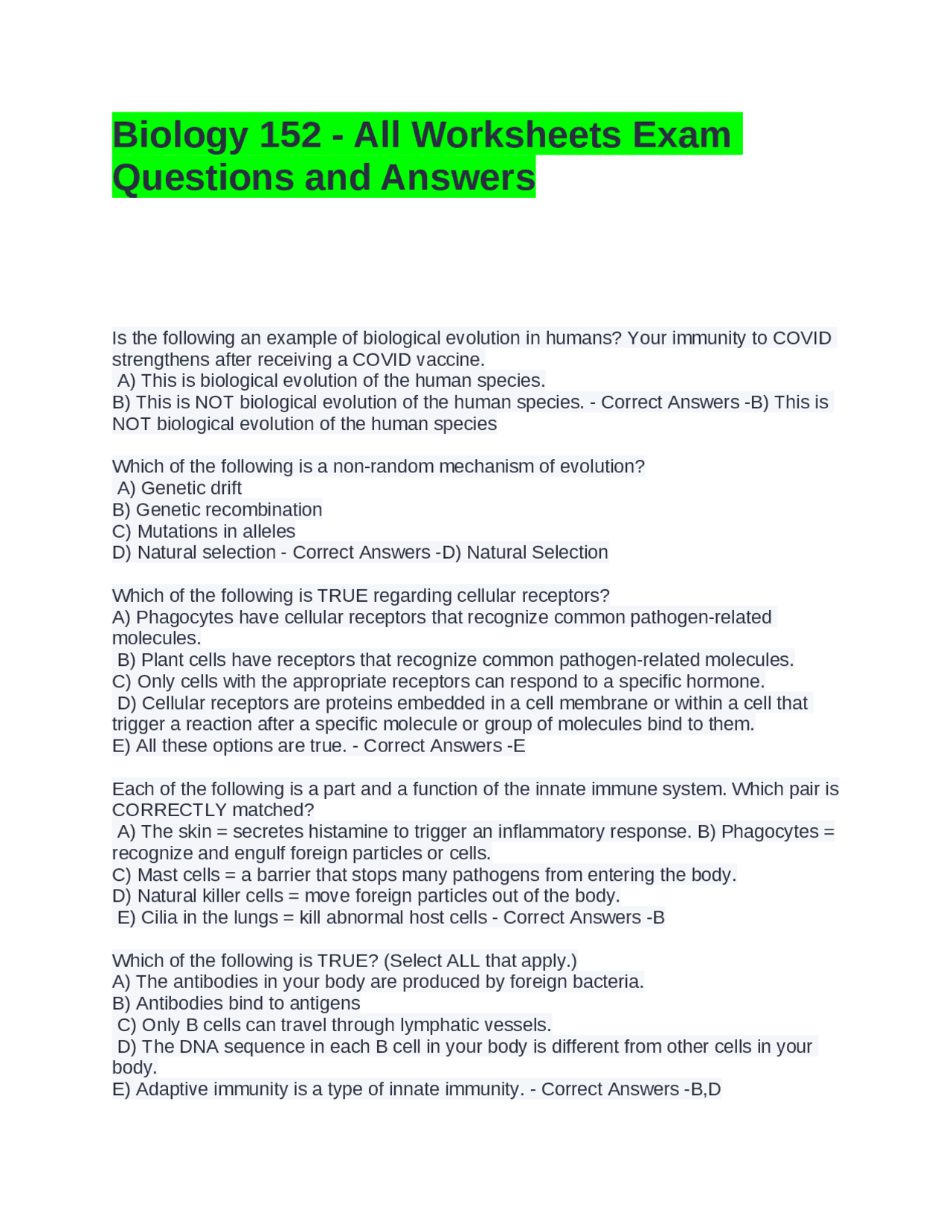 Biology 152 - All Worksheets Exam Questions and Answers | Graded A ...