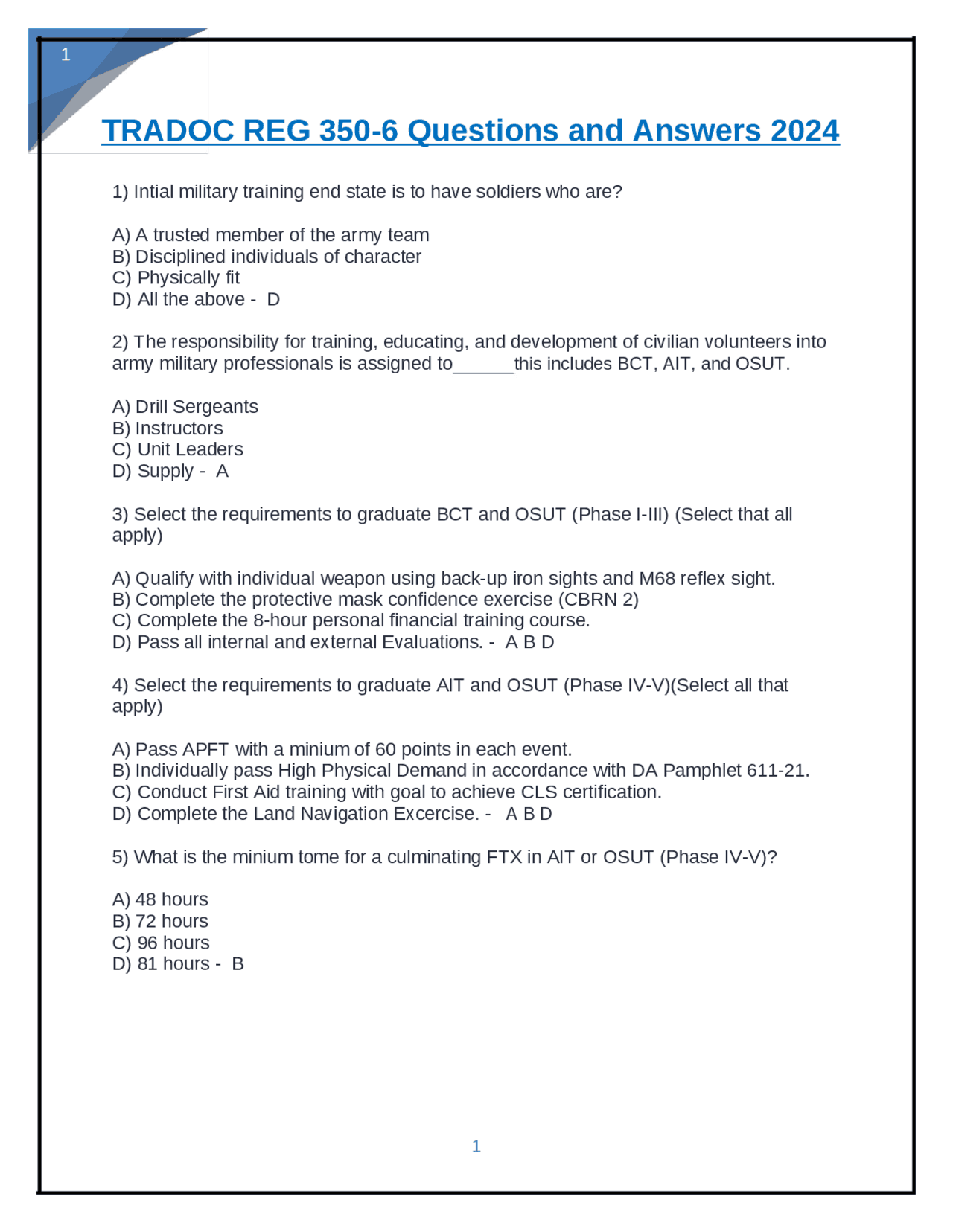 TRADOC REG 350-6 Questions and Answers 2024: A Guide for Initial ...