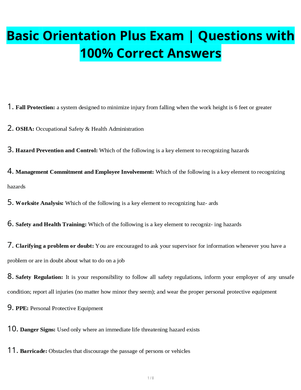 Basic Orientation Plus Exam: Safety and Health Training Questions with ...