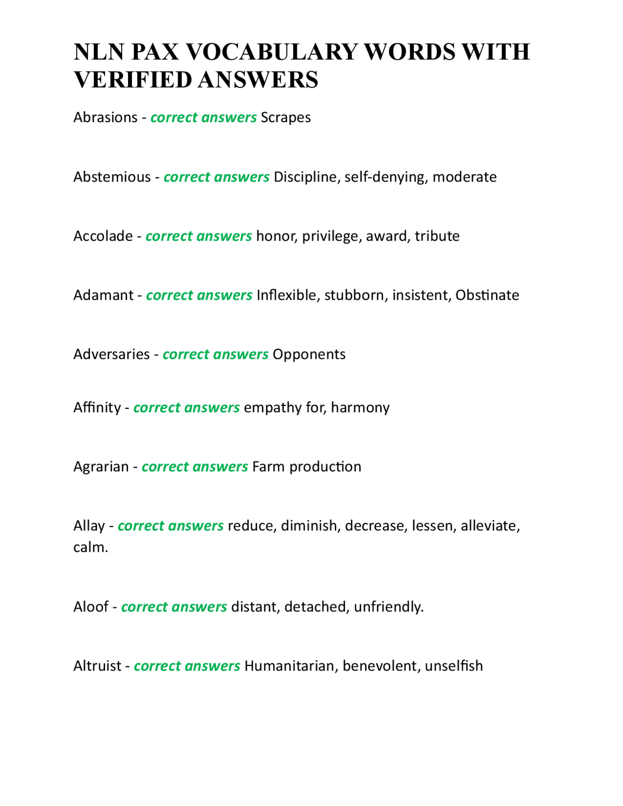 Pax Chapter 7 NLN PAX Vocabulary Words with Verified Answers | Exams Nursing | Docsity