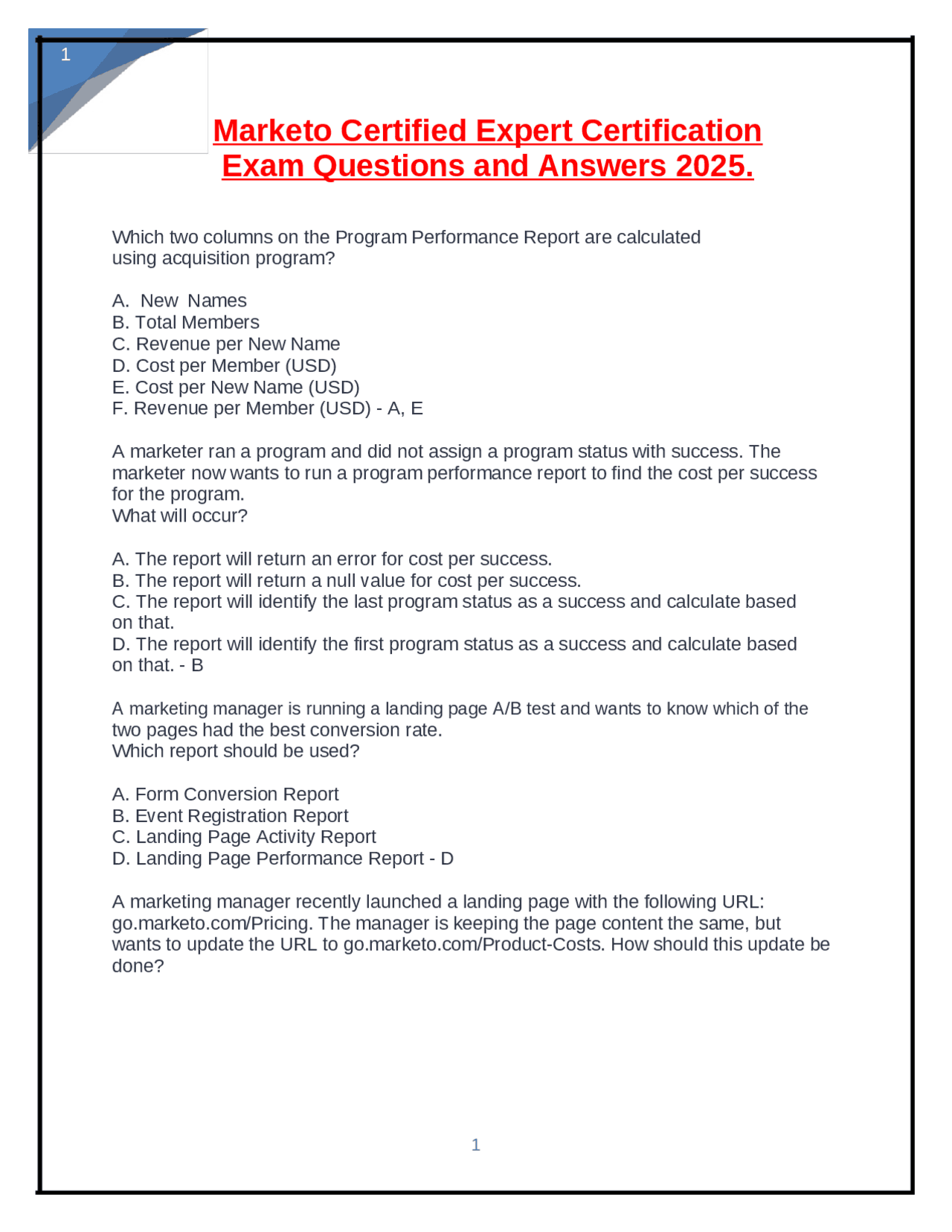 Marketo Certified Expert Certification Exam Questions and Answers 2025 ...