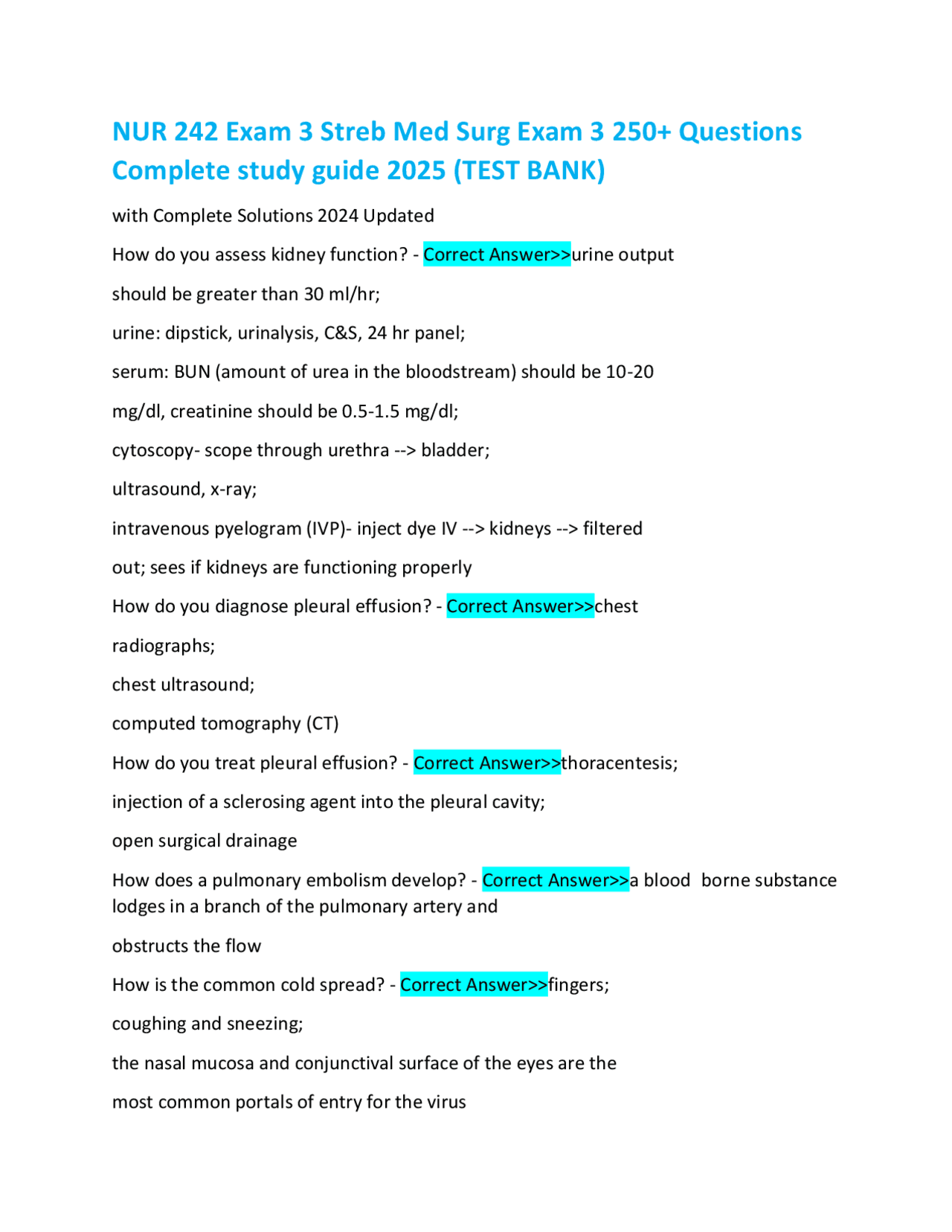 NUR 242 Exam 3 Streb Med Surg Exam 3 250+ Questions Complete study ...