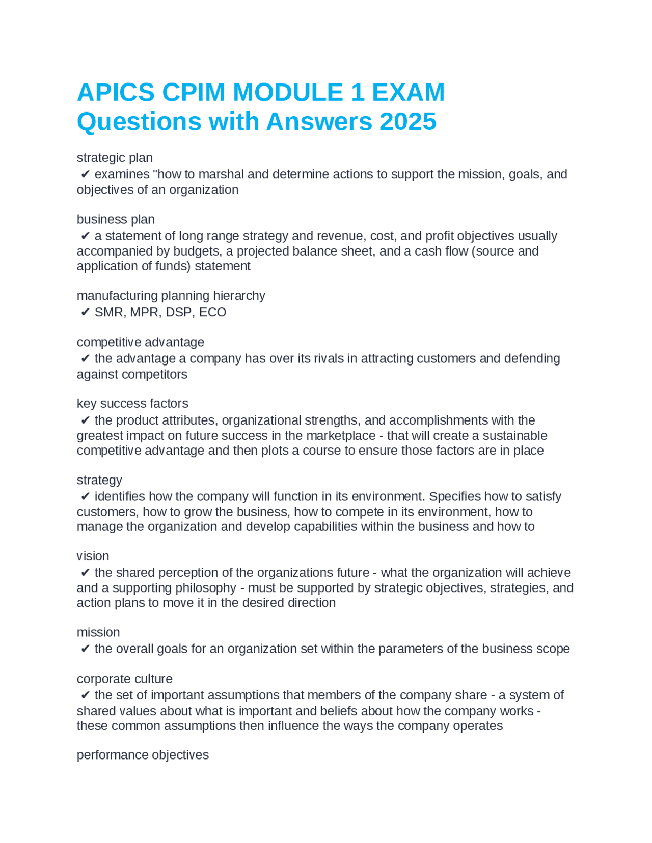 APICS CPIM MODULE 1 EXAM Questions with Answers 2025 | Exams Medicine ...