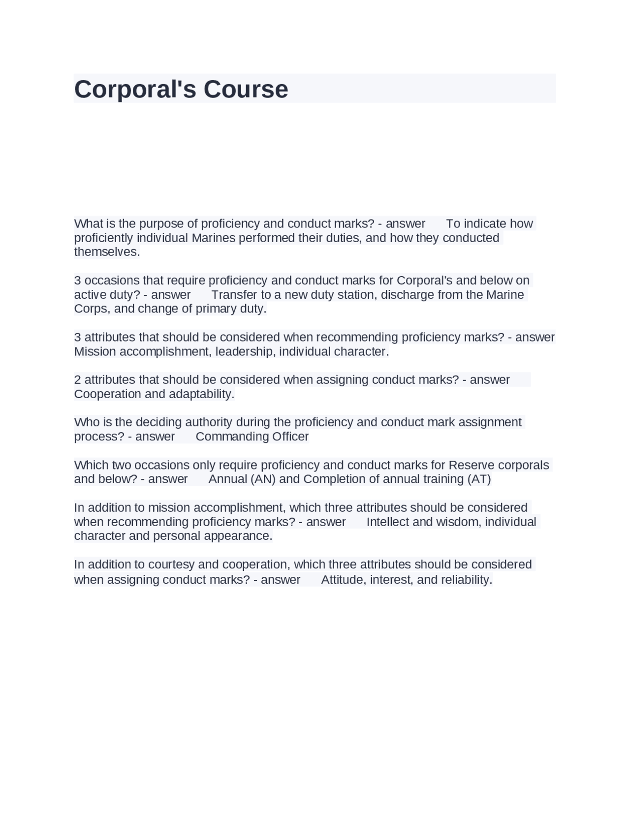 Corporal's Course Questions with Correct Answers | Exams Advanced ...