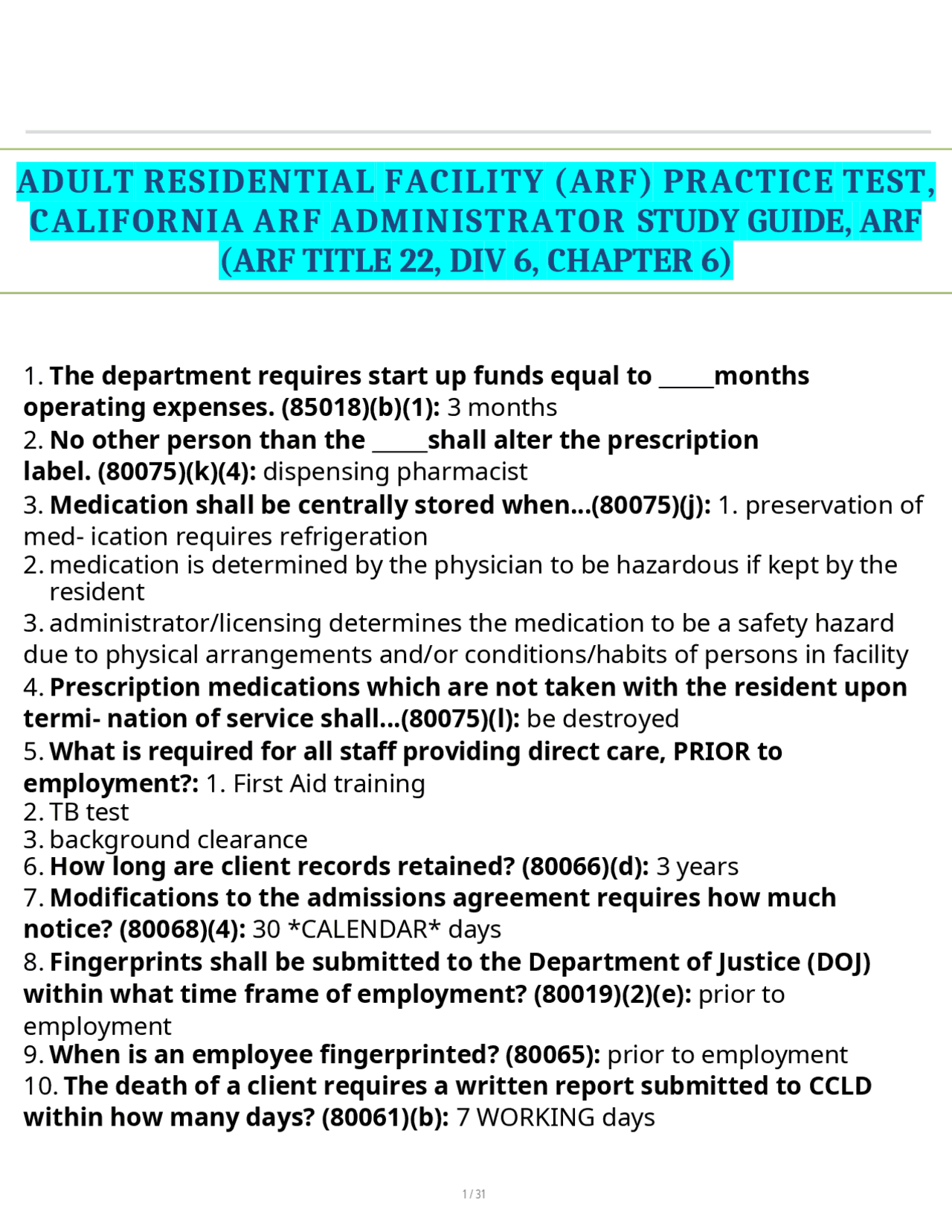 ADULT RESIDENTIAL FACILITY (ARF) PRACTICE TEST, CALIFORNIA ARF ...
