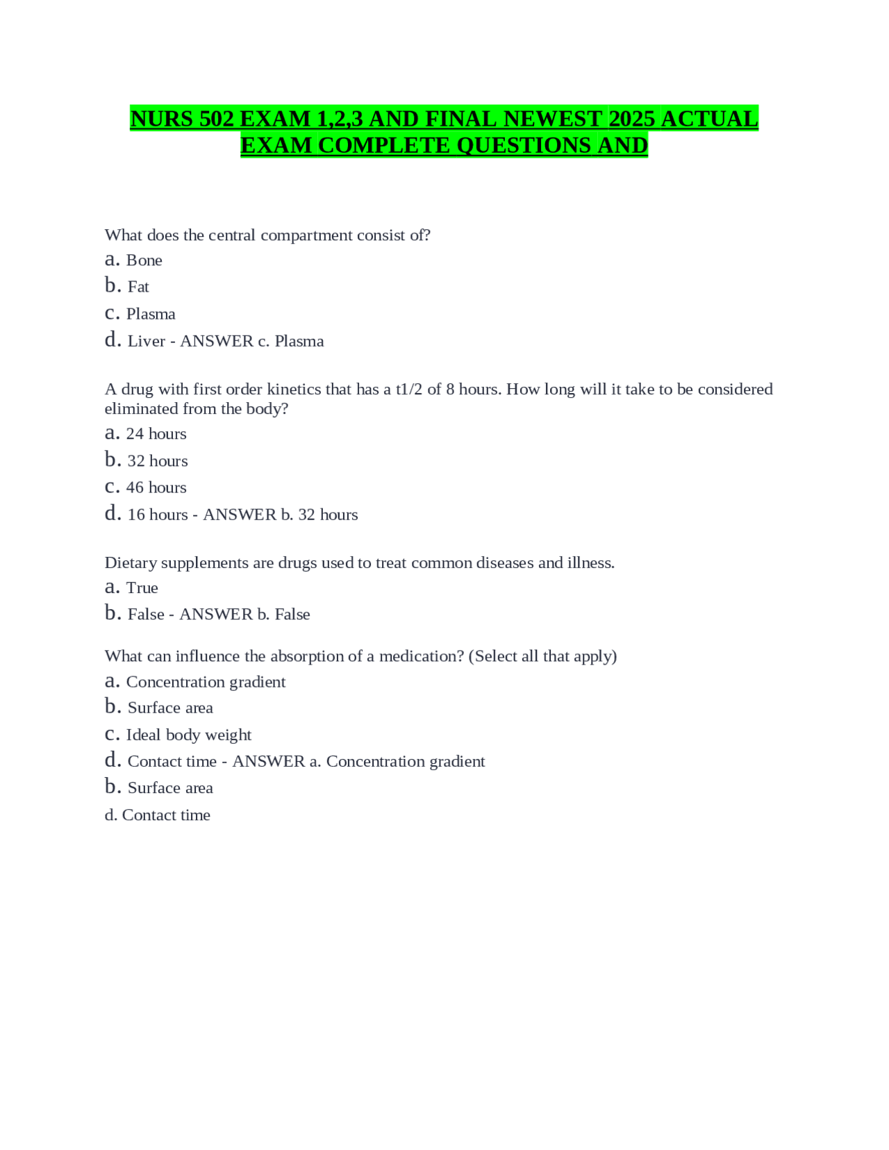 NURS 502 Pharmacology Exam Questions and Answers | Exams Nursing | Docsity