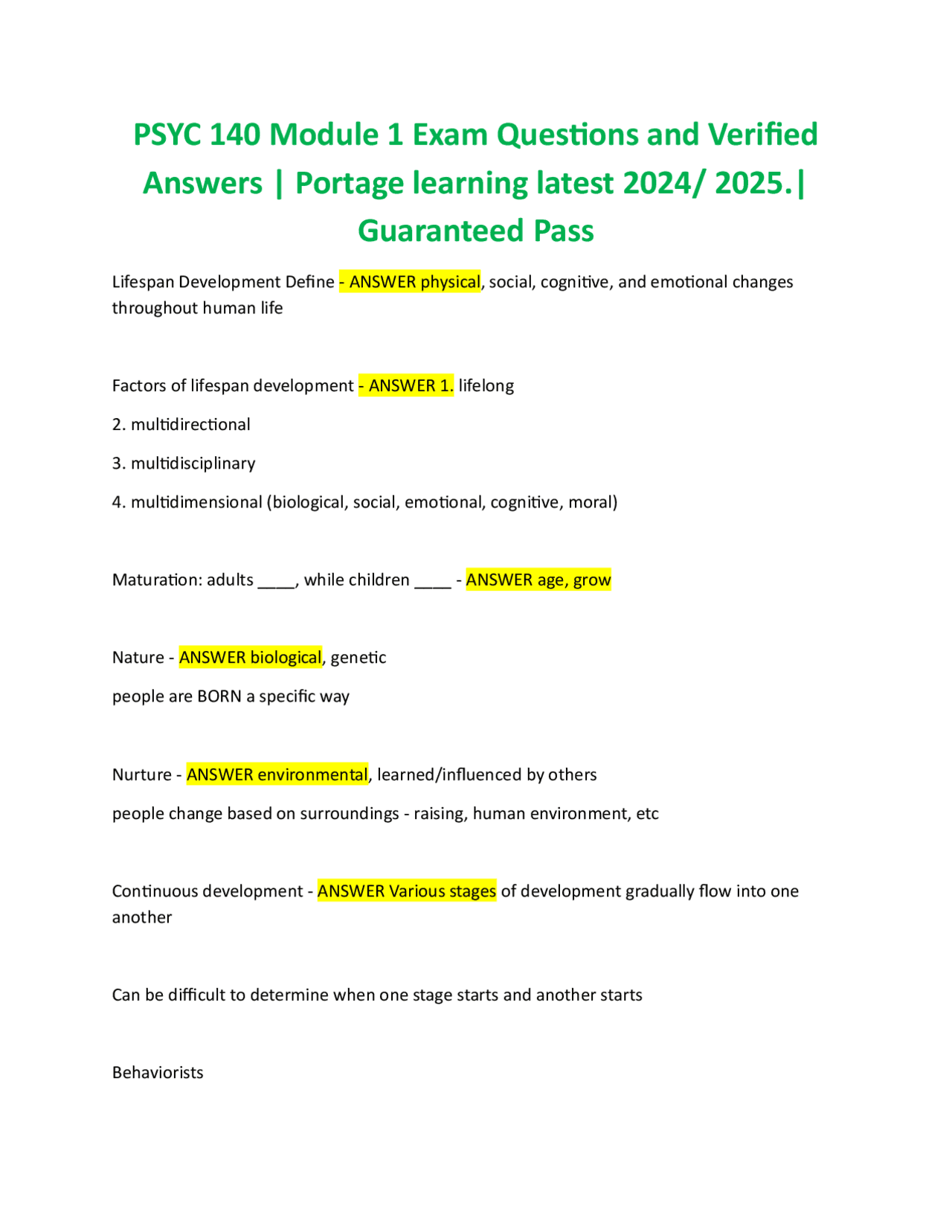PSYC 140 Module 1 Exam Questions and Verified Answers | Portage ...