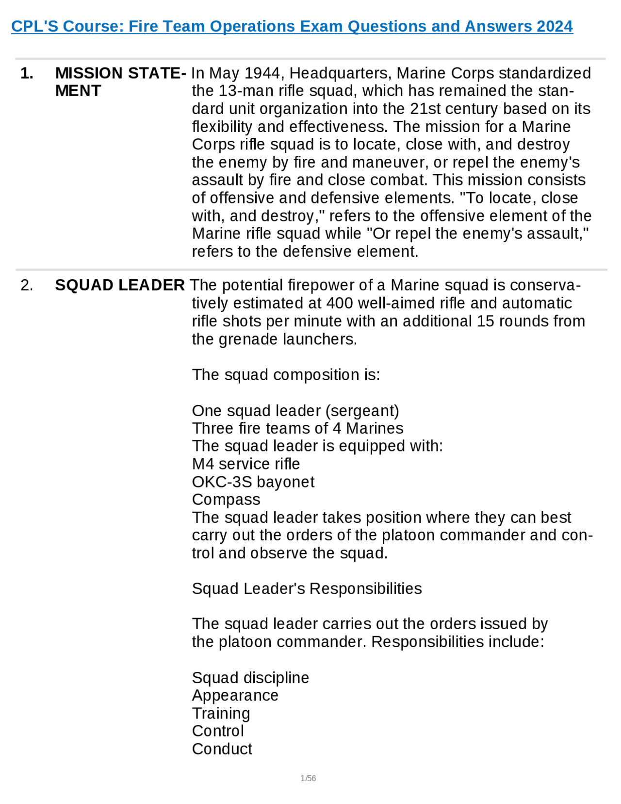 CPL'S Course Fire Team Operations Exam Questions and Answers | Exams ...