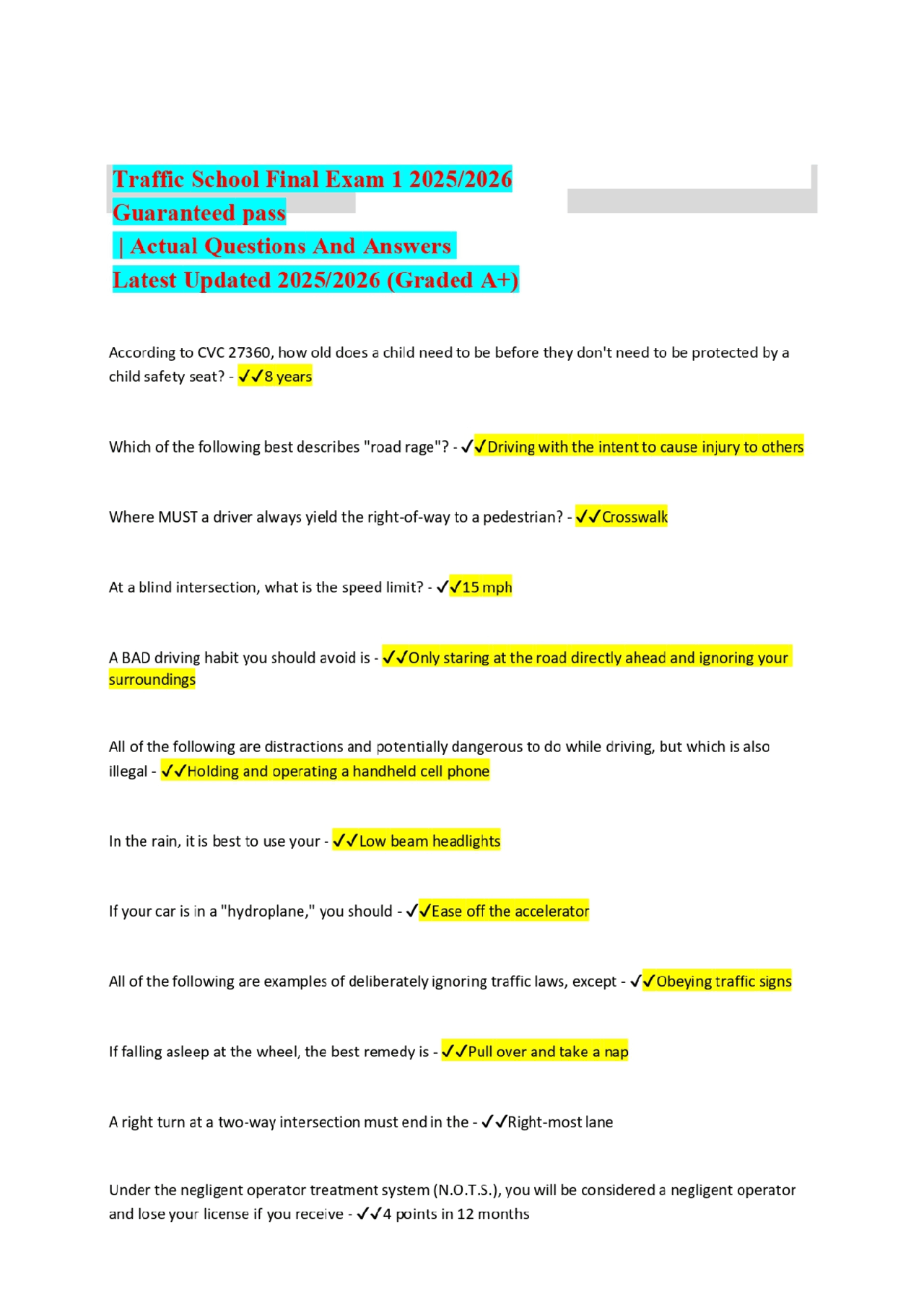 Traffic School Final Exam 1 2025/2026 Guaranteed pass | Actual Questions And Answers Lates ...