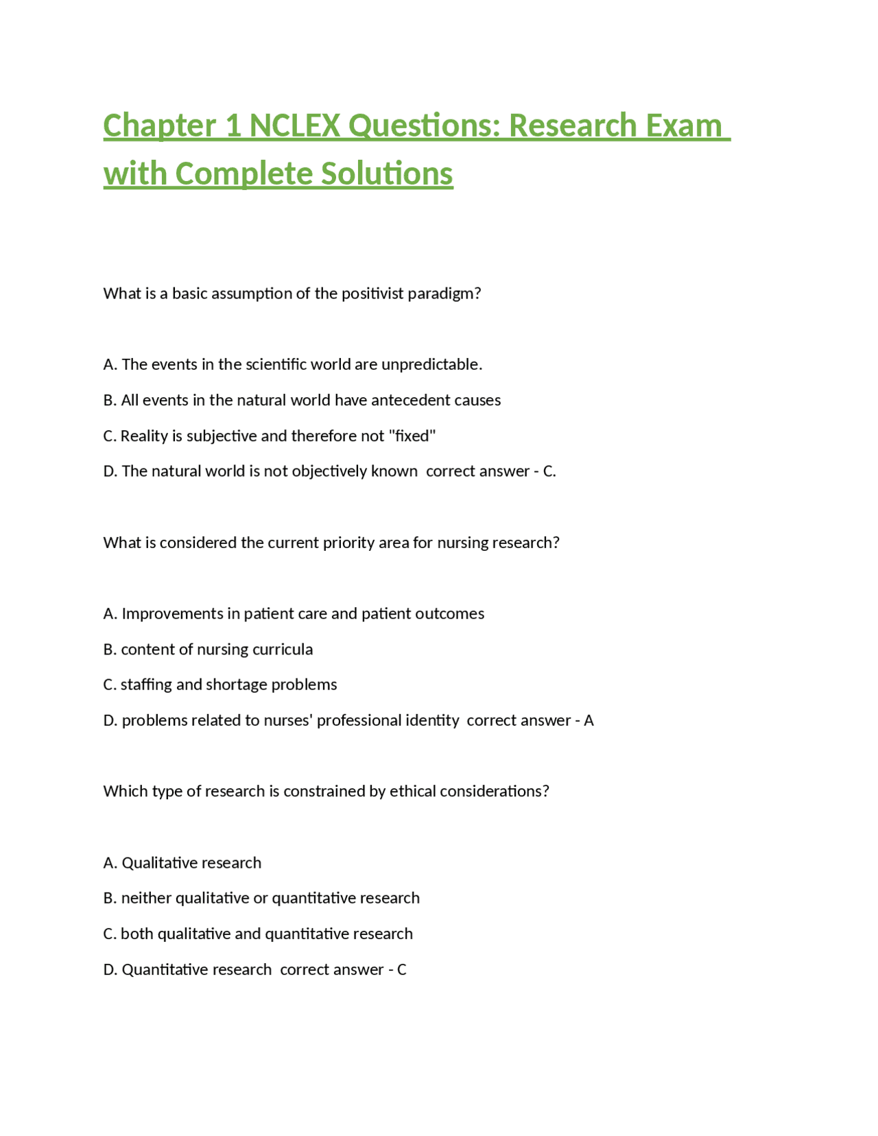 Chapter 1 NCLEX Questions: Research Exam with Complete Solutions ...