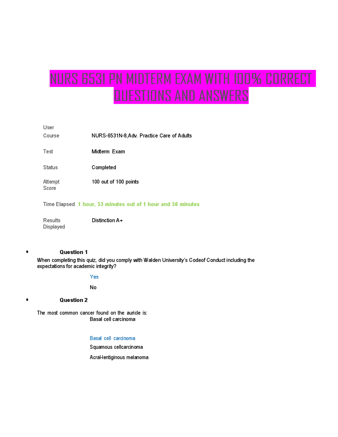 NURS 6531 PN MIDTERM EXAM: Advanced Practice Care of Adults | Exams ...
