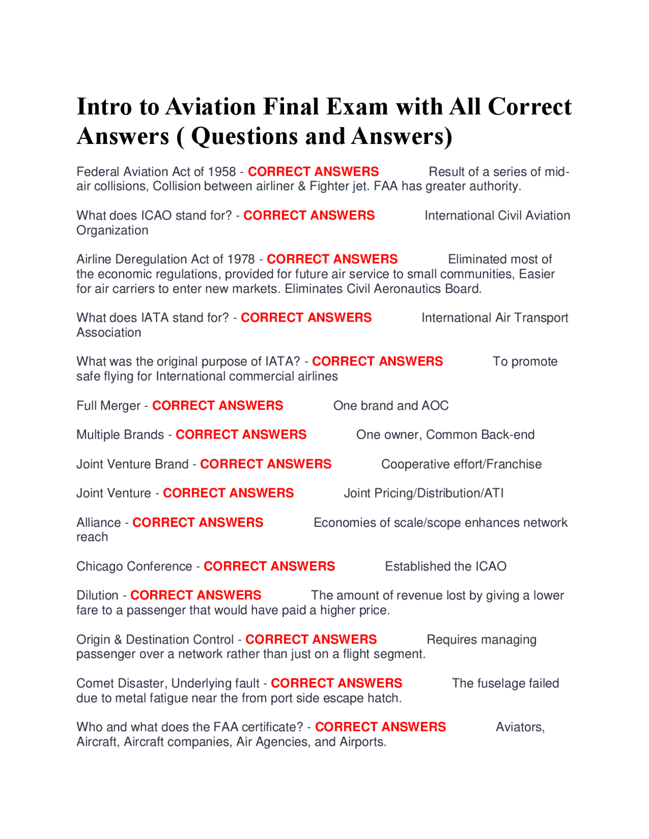 Intro to Aviation Final Exam with All Correct Answers ( Questions and ...