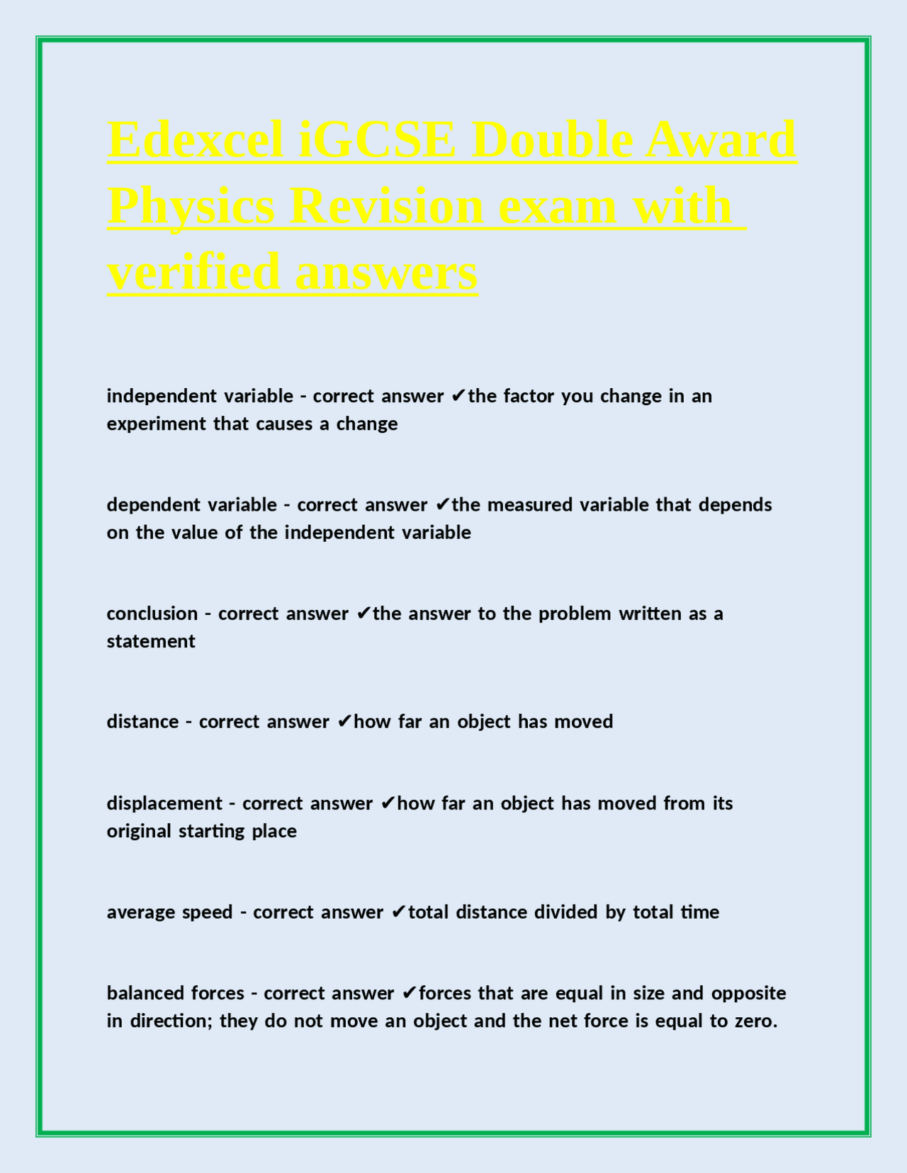Edexcel iGCSE Double Award Physics Revision Exam with Verified Answers ...